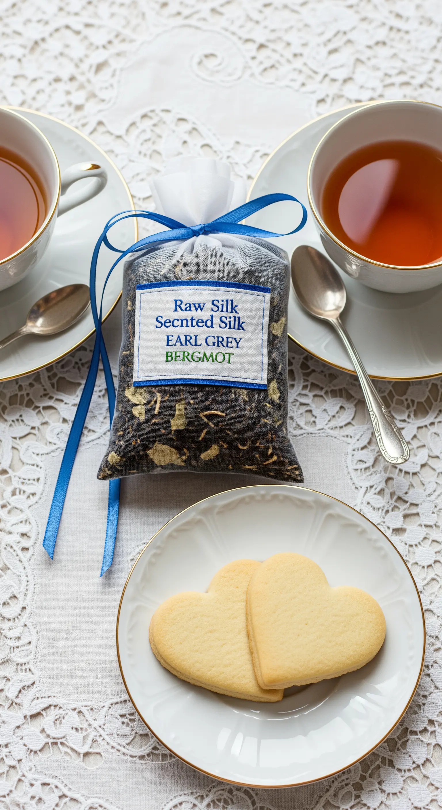 Bustina di tè e biscotti a forma di cuore serviti con tazze bianche su una tovaglia di pizzo.