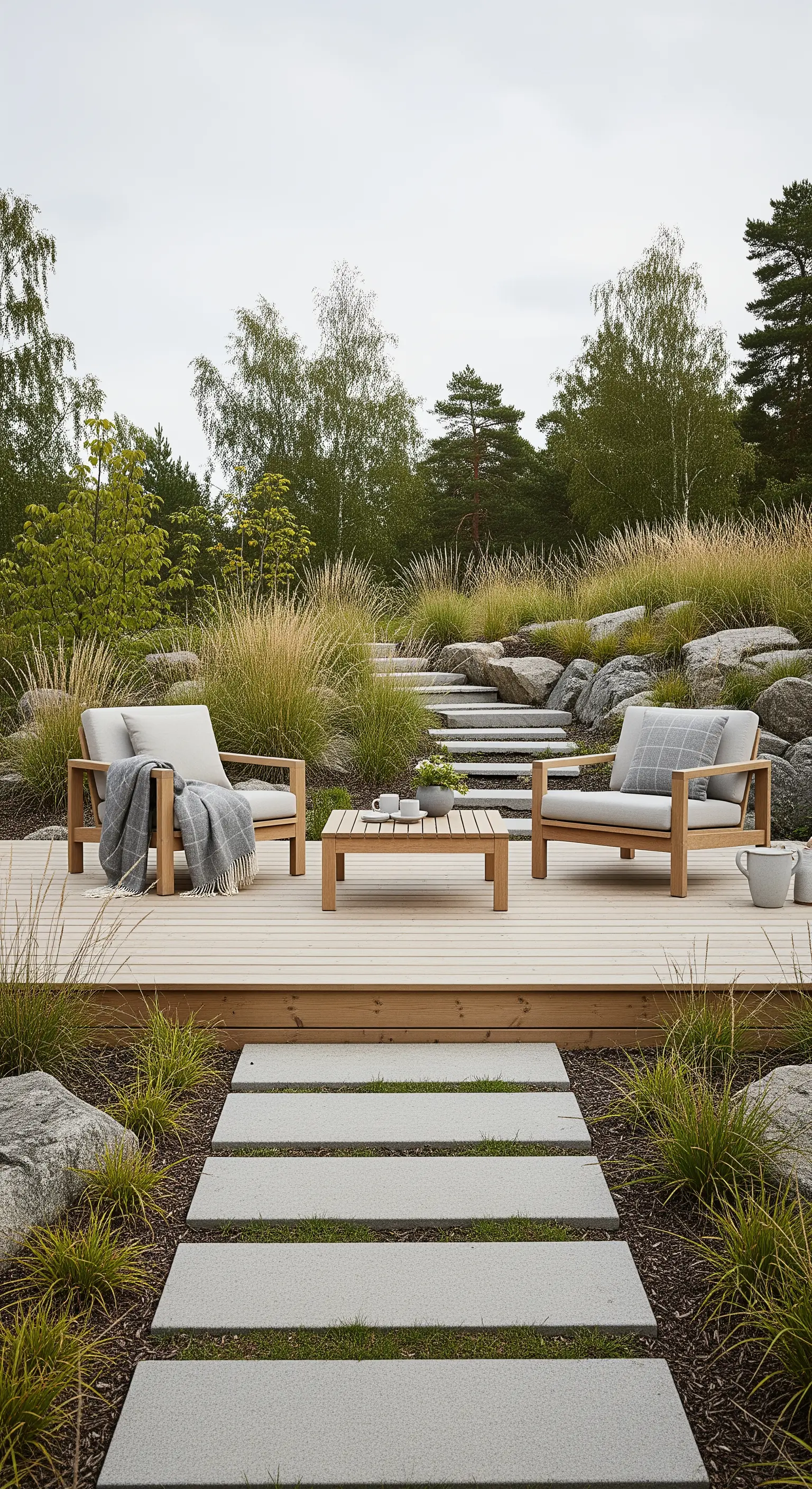 Pedana in legno in un giardino roccioso con due poltrone e un tavolino basso