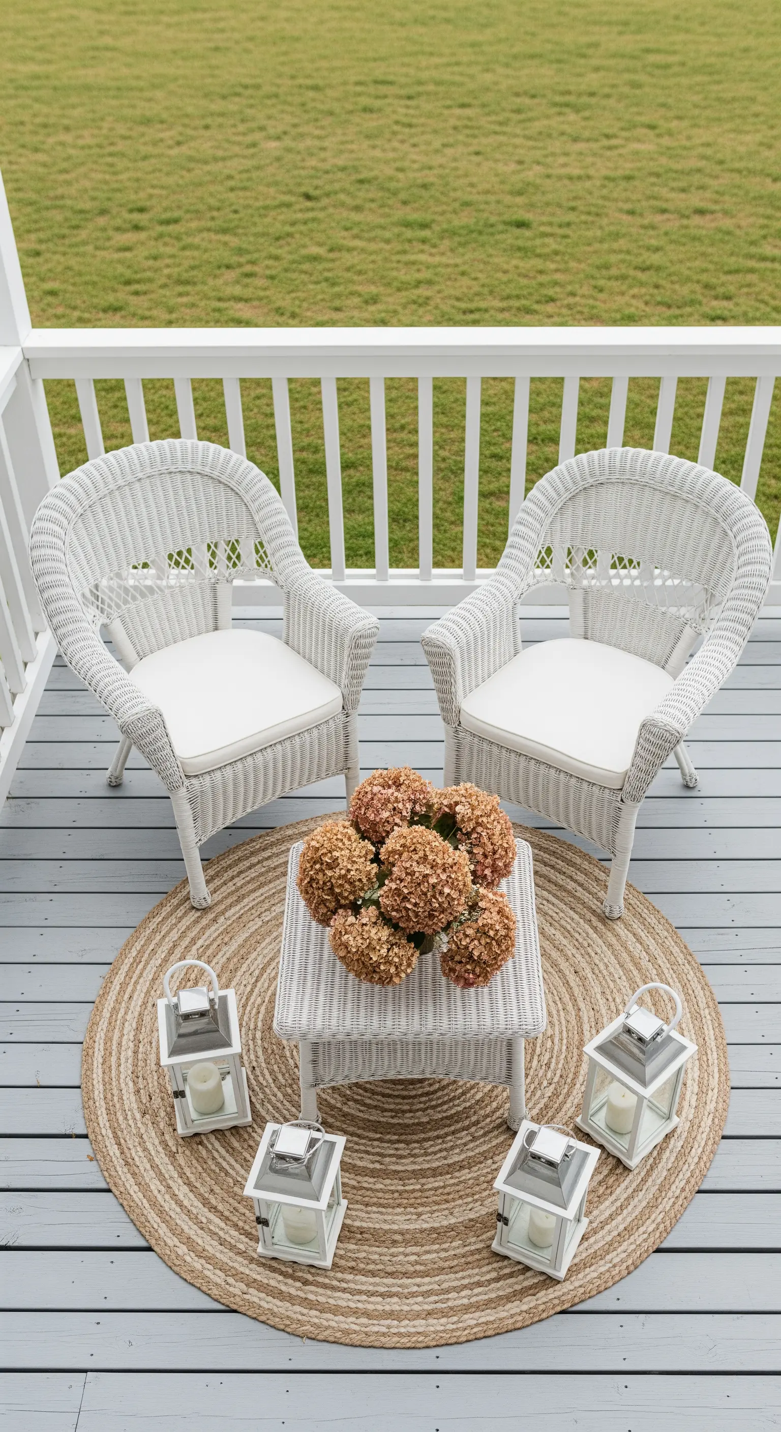 Angolo conversazione in veranda con due poltrone in vimini su un tappeto rotondo in juta.