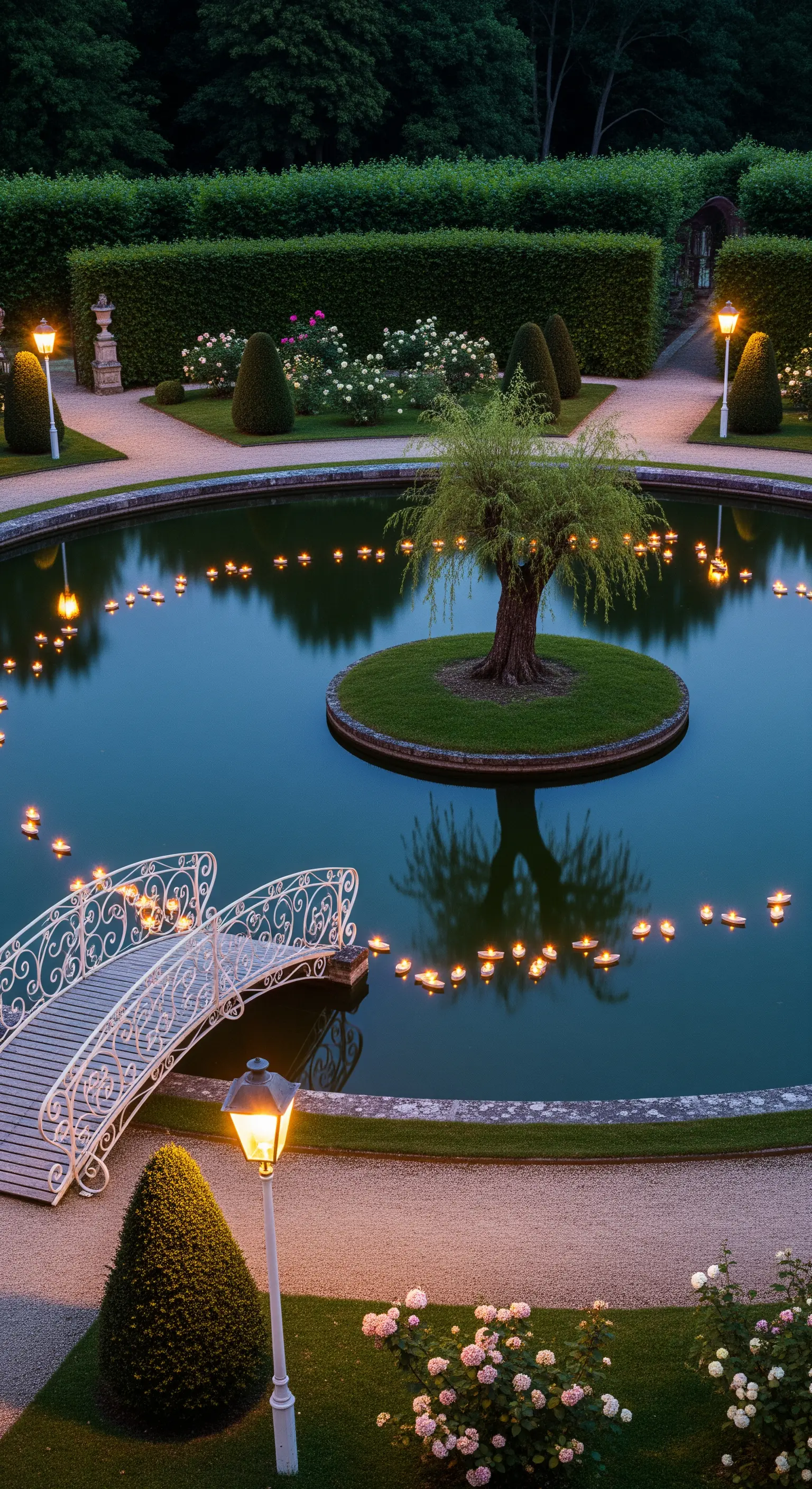 Laghetto circolare con isola centrale, albero, ponte bianco e candele galleggianti.