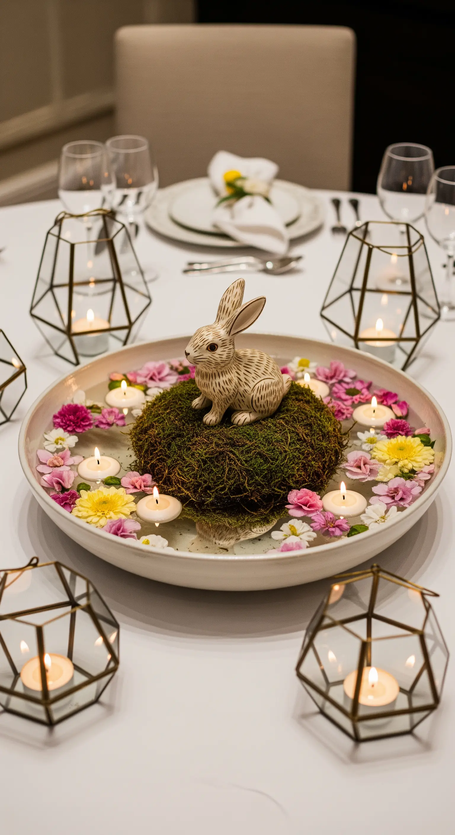 Centrotavola con coniglietto su un'isola di muschio e candele galleggianti tra i fiori.