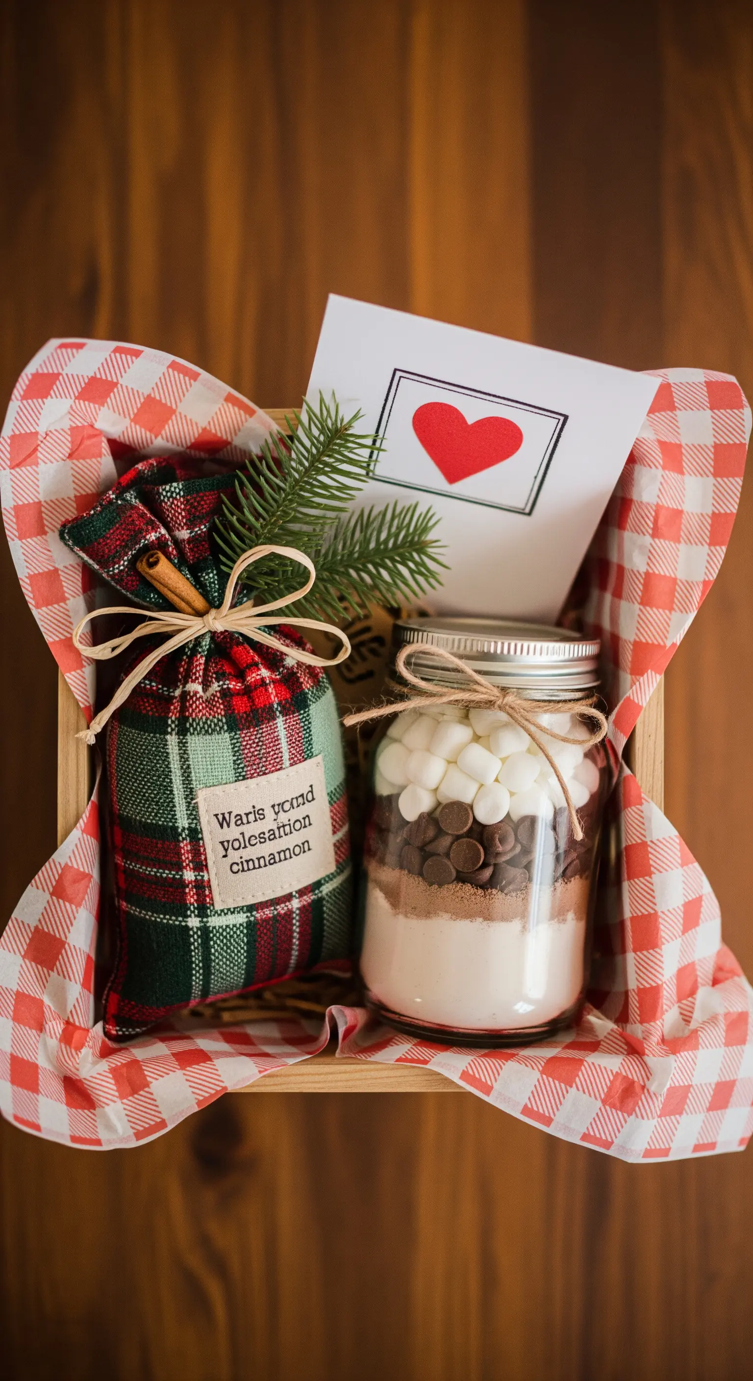 Cesta regalo con un barattolo per cioccolata calda e un sacchetto di spezie in tessuto tartan.