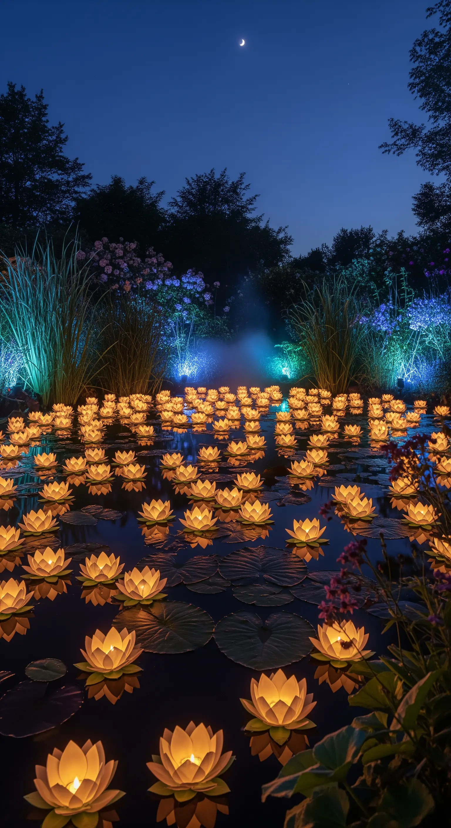 Laghetto in un giardino di notte, pieno di ninfee galleggianti illuminate da candele.