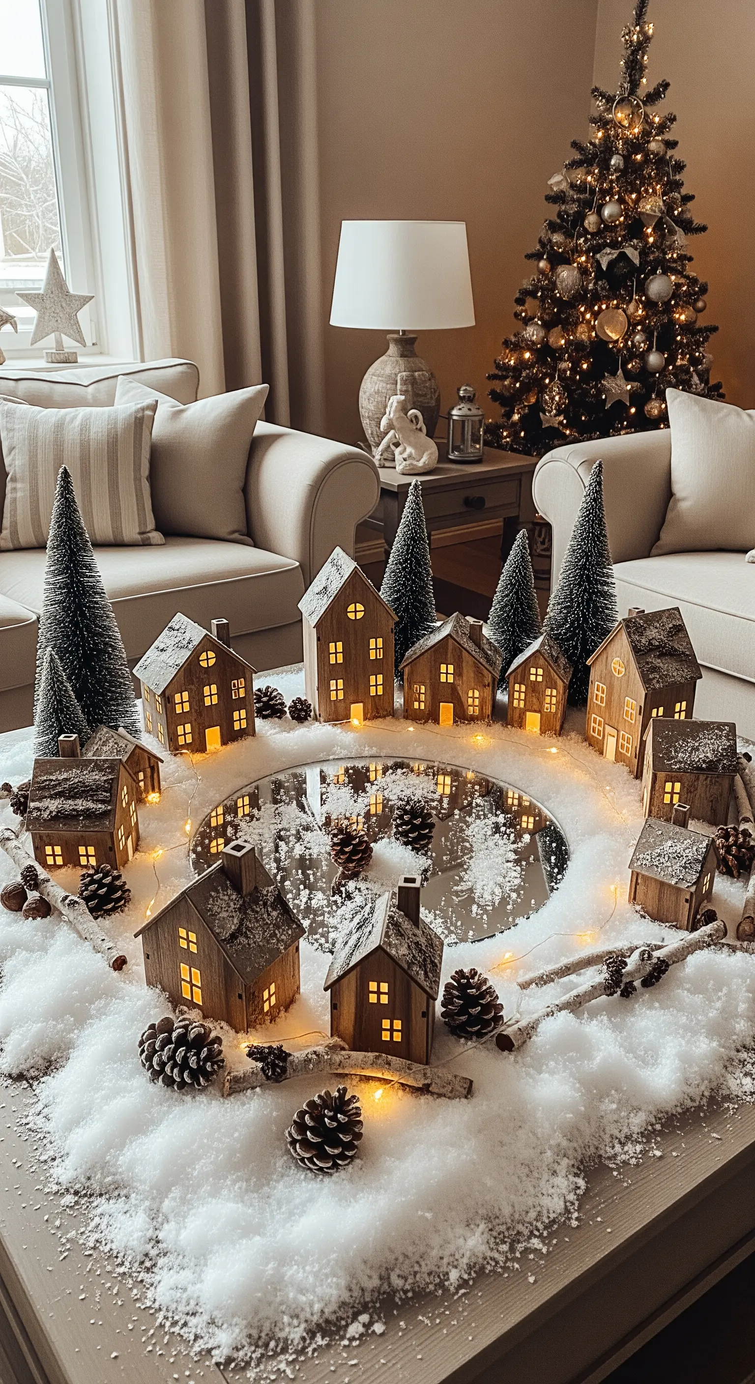 Centrotavola con villaggio di casette in legno attorno a uno specchio, su un letto di neve finta.