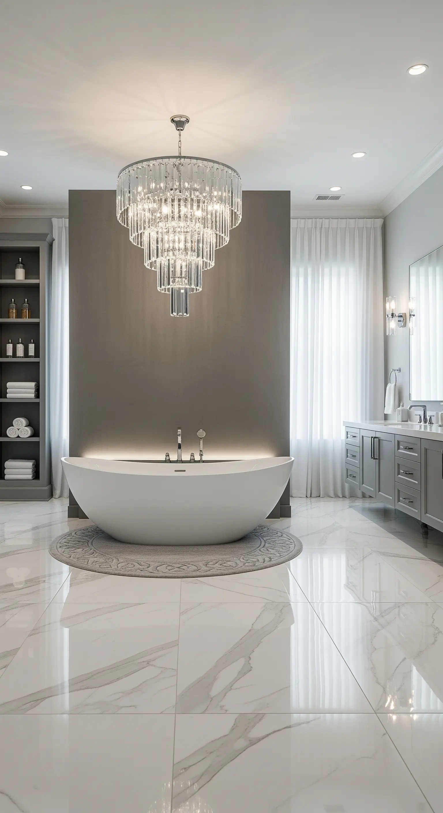 Bagno di lusso con grande lampadario di cristallo sopra la vasca e pavimento in marmo.