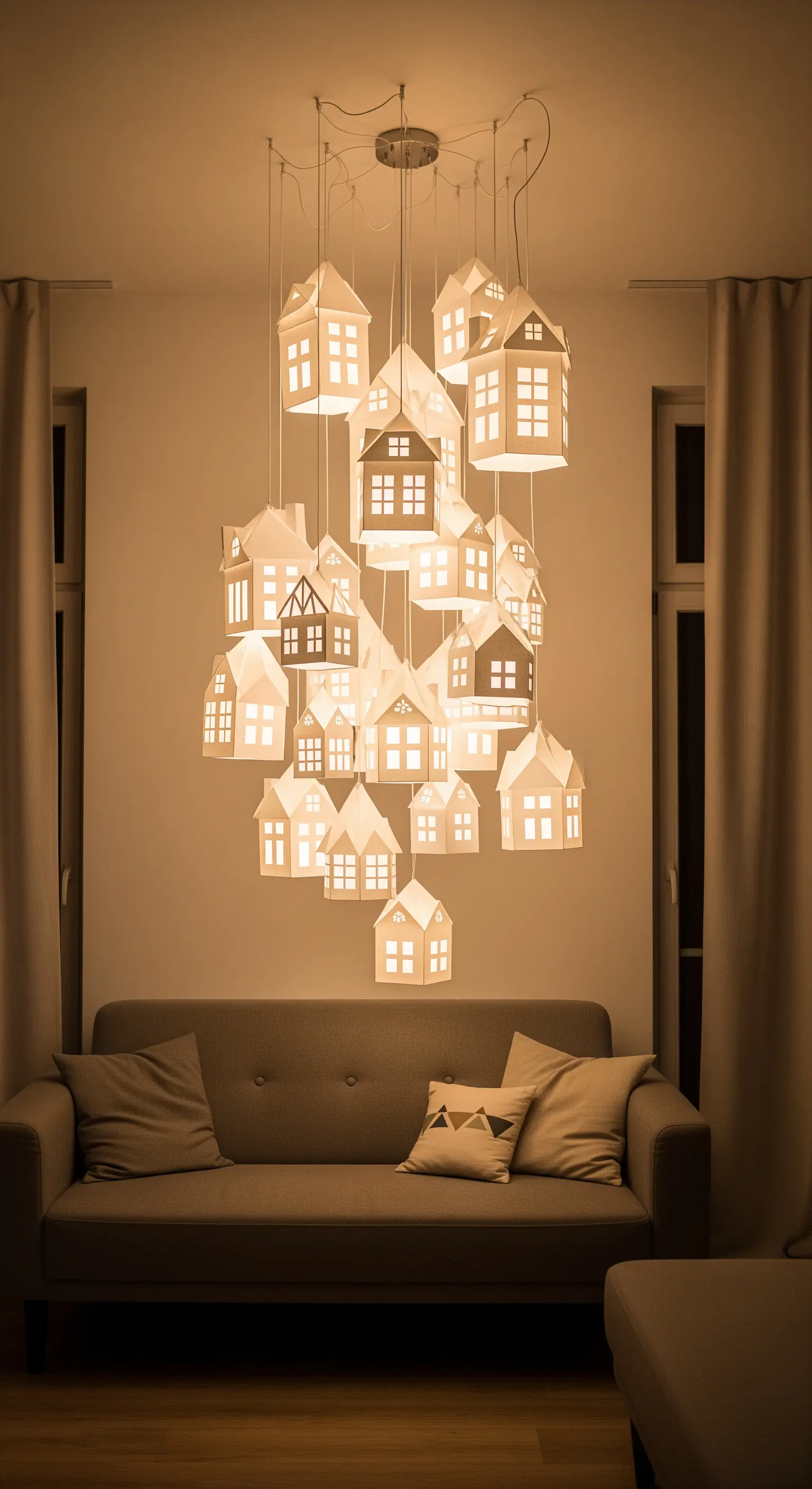 Lampadario composto da un grappolo di casette di carta bianca illuminate dall'interno.