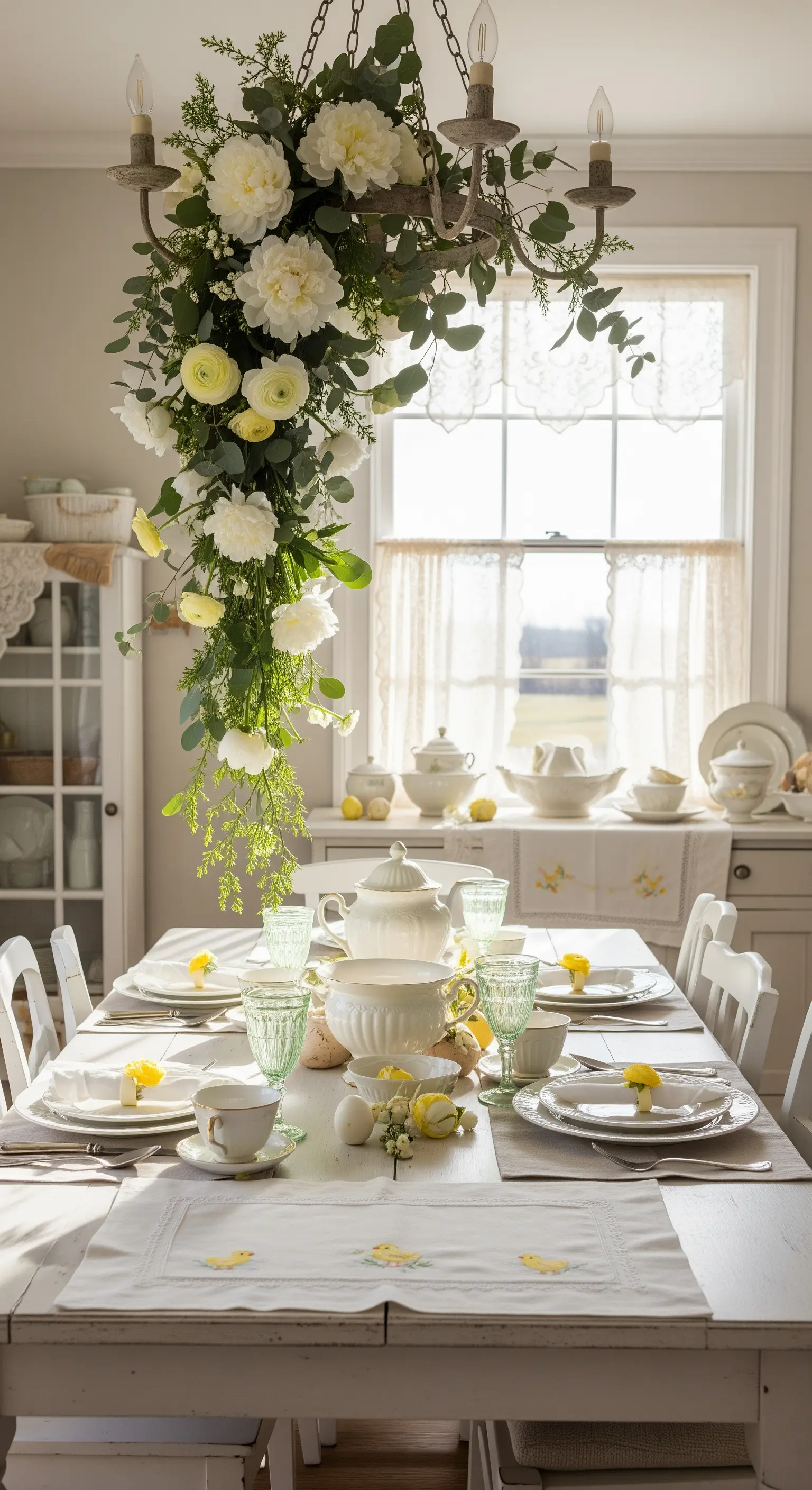 Lampadario decorato con una cascata di peonie bianche e ranuncoli gialli sopra una tavola shabby chic.