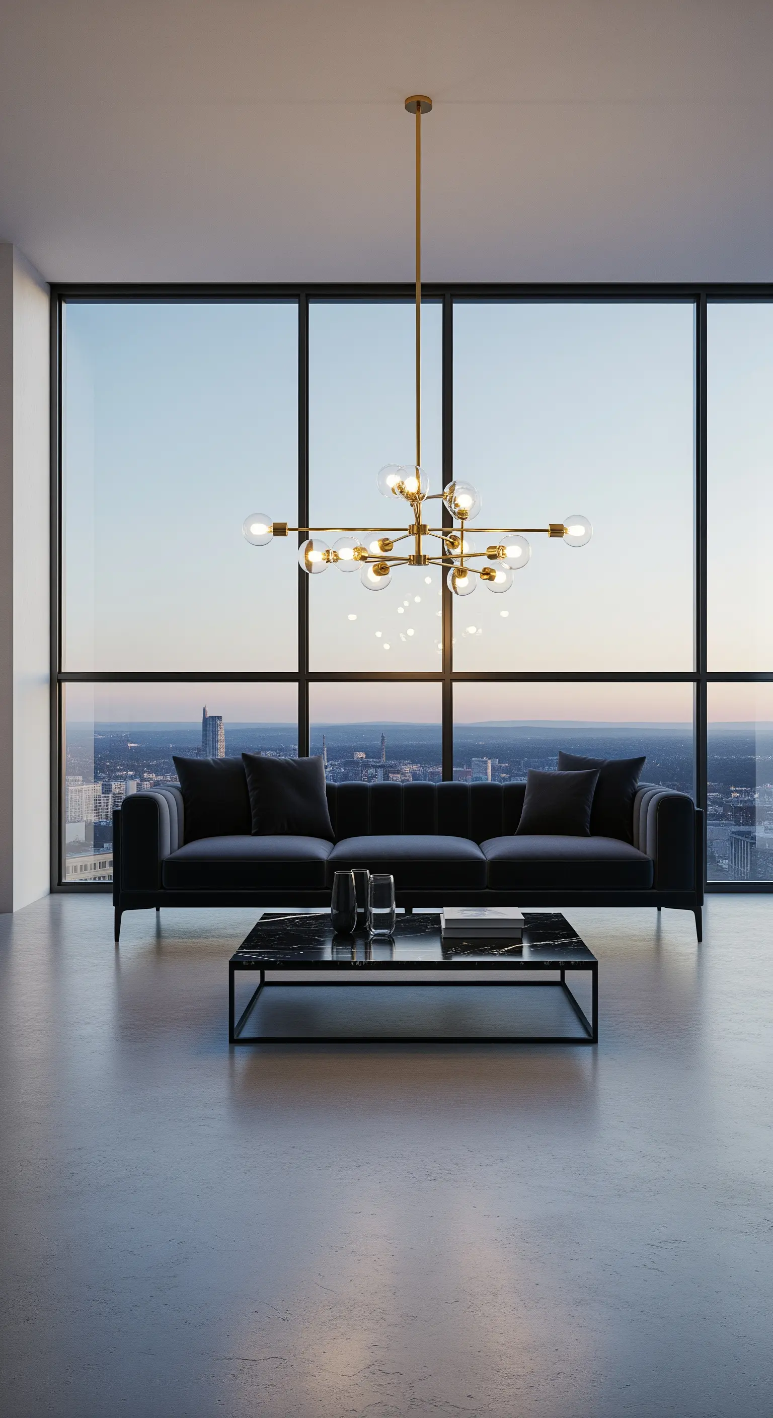 Divano minimalista in velluto blu scuro e lampadario dorato moderno con vista sulla città.
