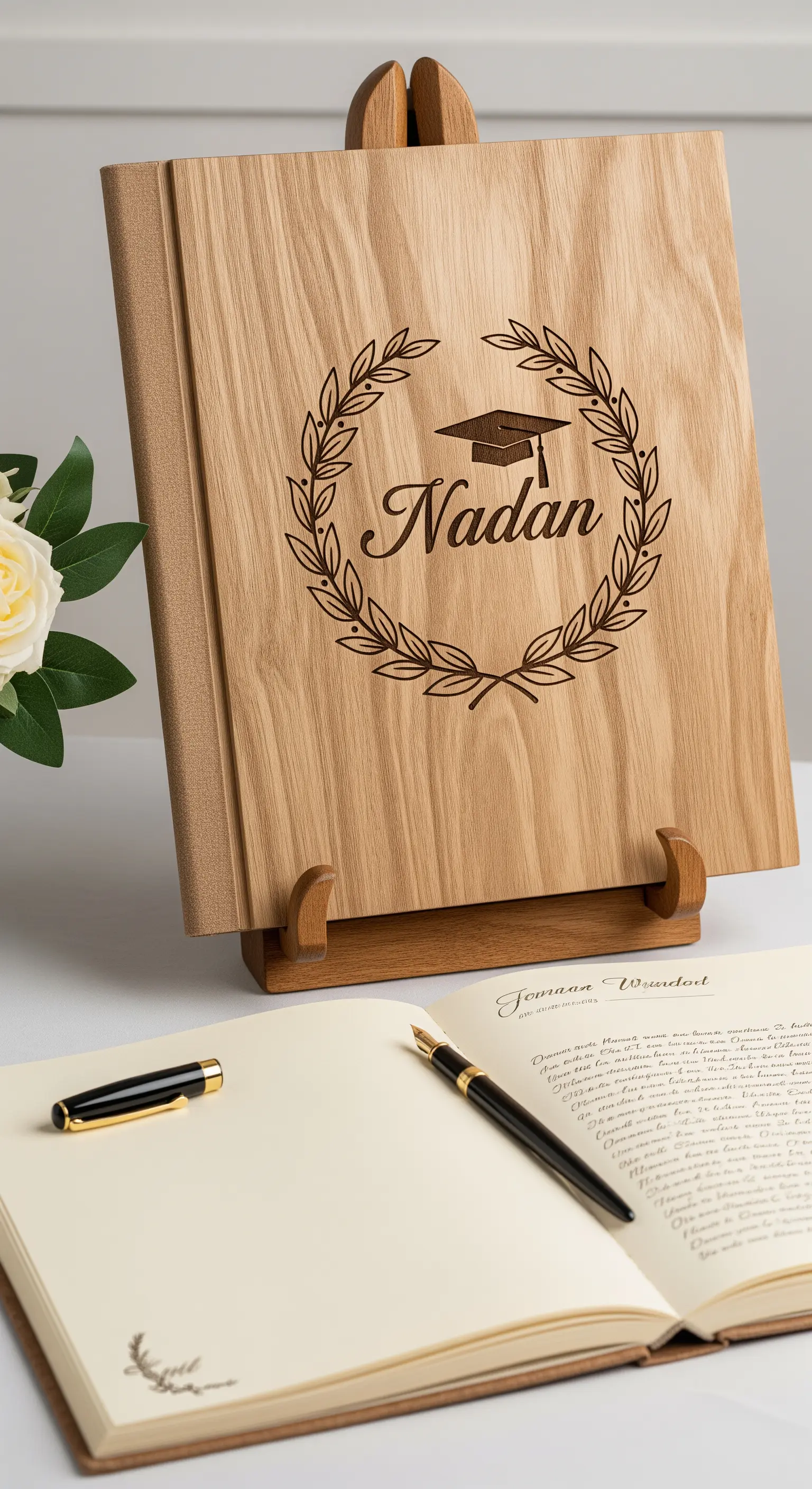 Guest book per laurea con copertina in legno personalizzata e penna stilografica su pagine bianche