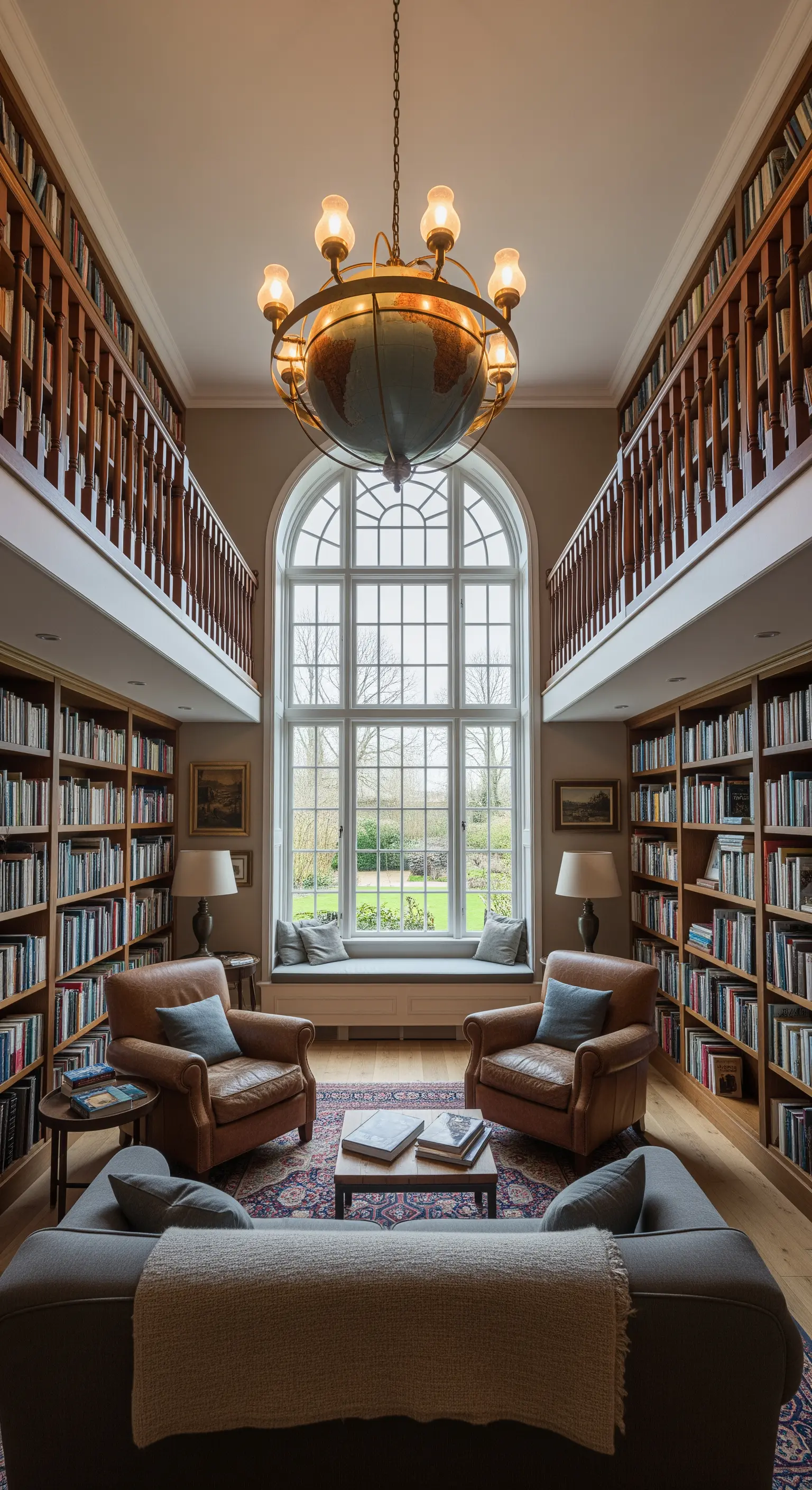 Biblioteca a due piani con un grande lampadario a forma di mappamondo sospeso al centro.