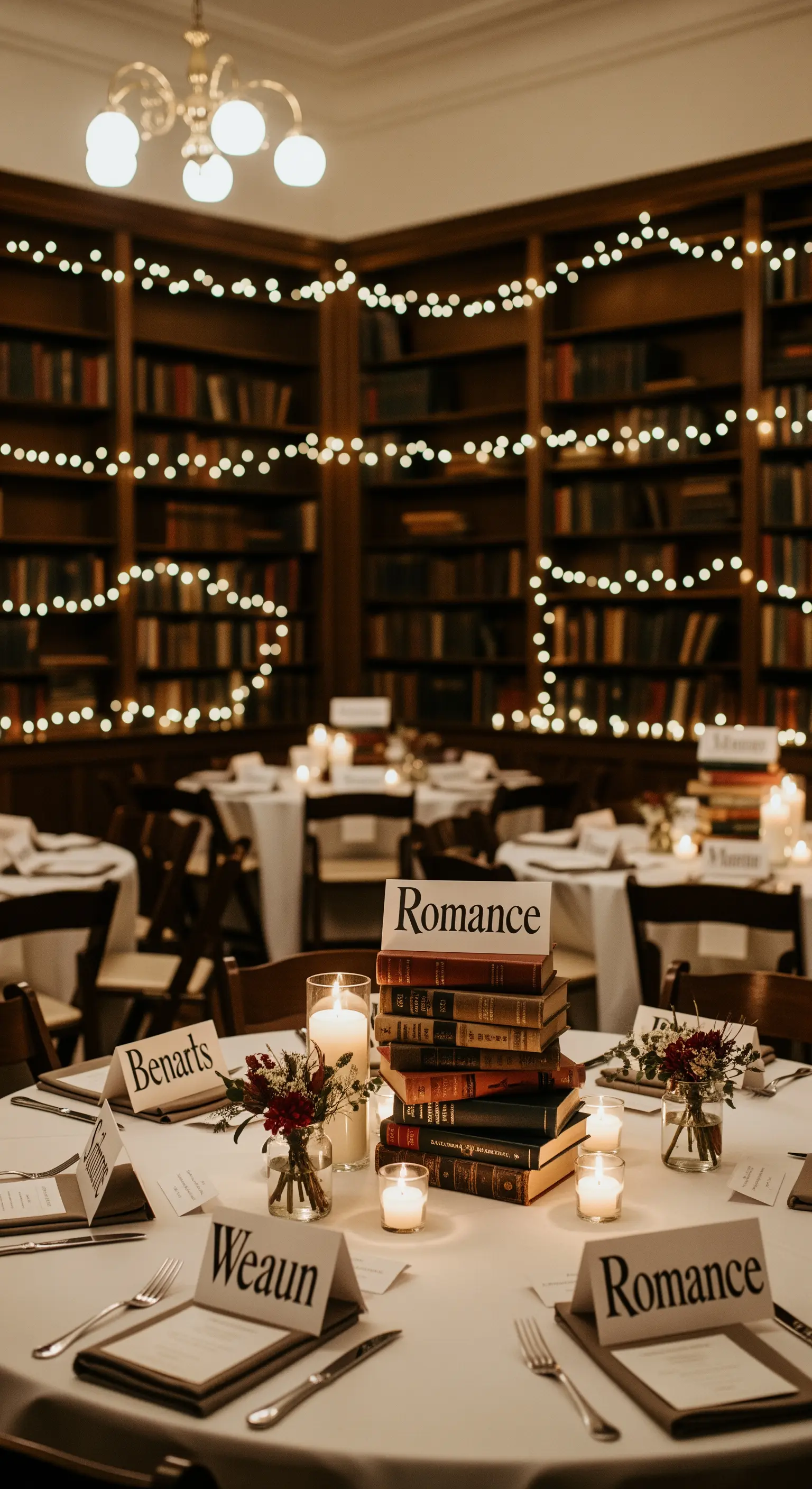 Tavoli da ricevimento in una biblioteca, con centrotavola fatti di libri.