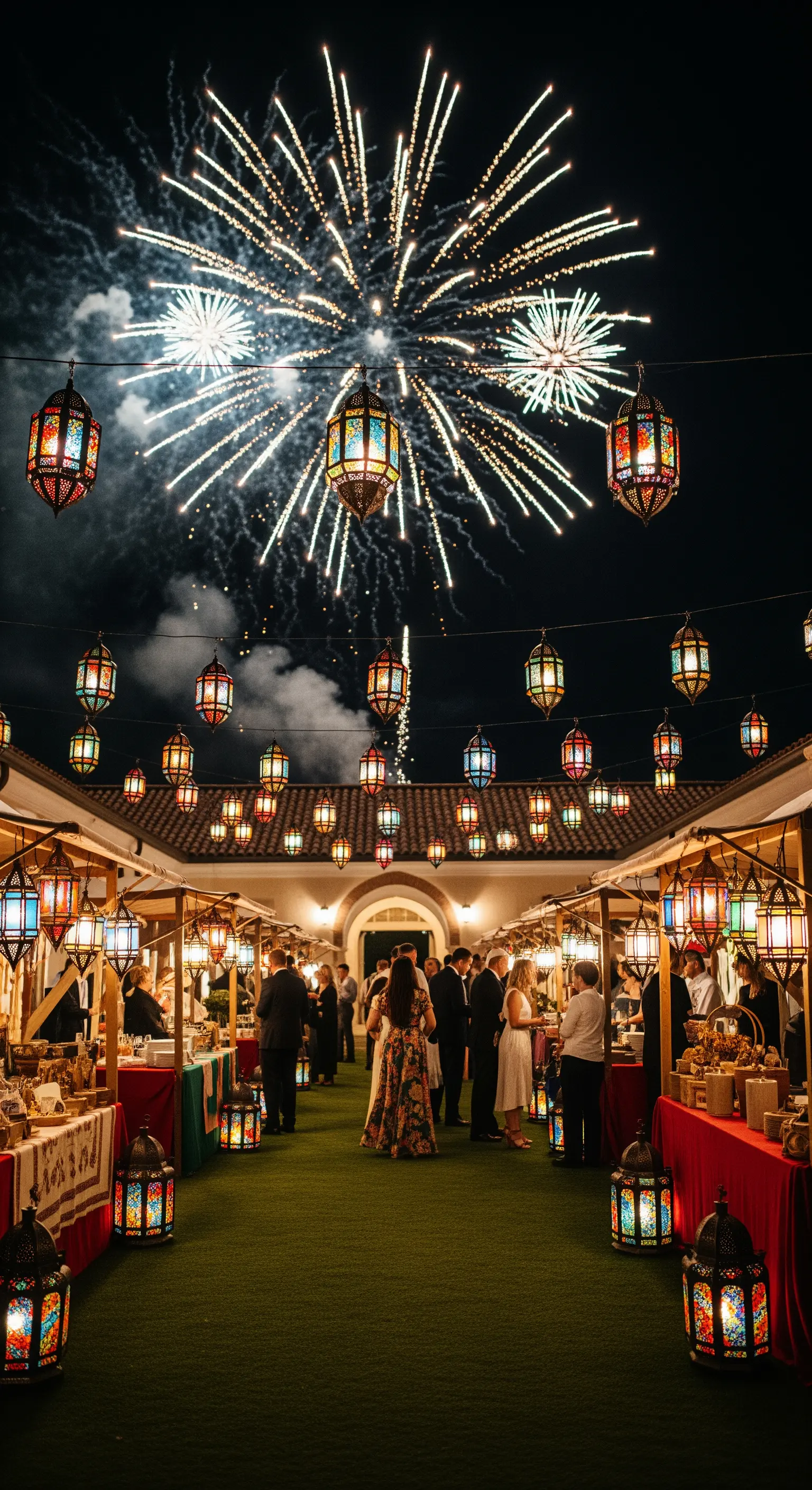 Ricevimento in stile mercato marocchino, con bancarelle, ospiti e lanterne colorate sospese