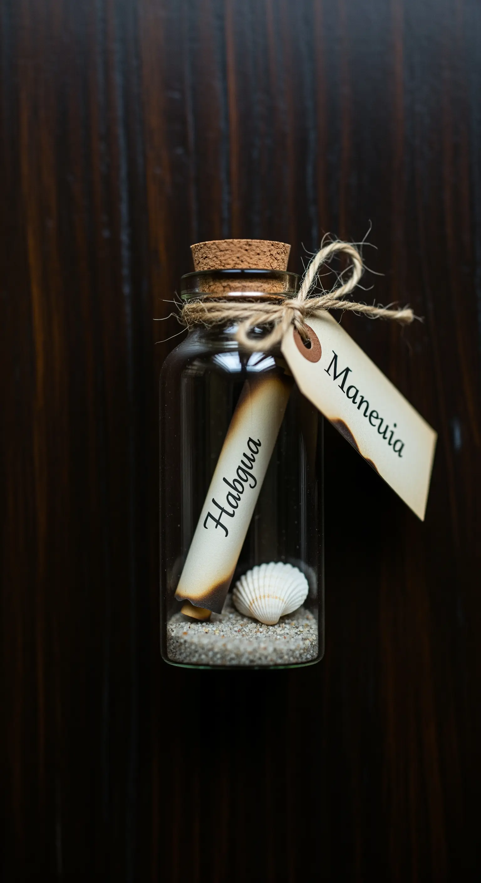 Messaggio in una bottiglia con sabbia e conchiglia, sigillata con un tappo di sughero.