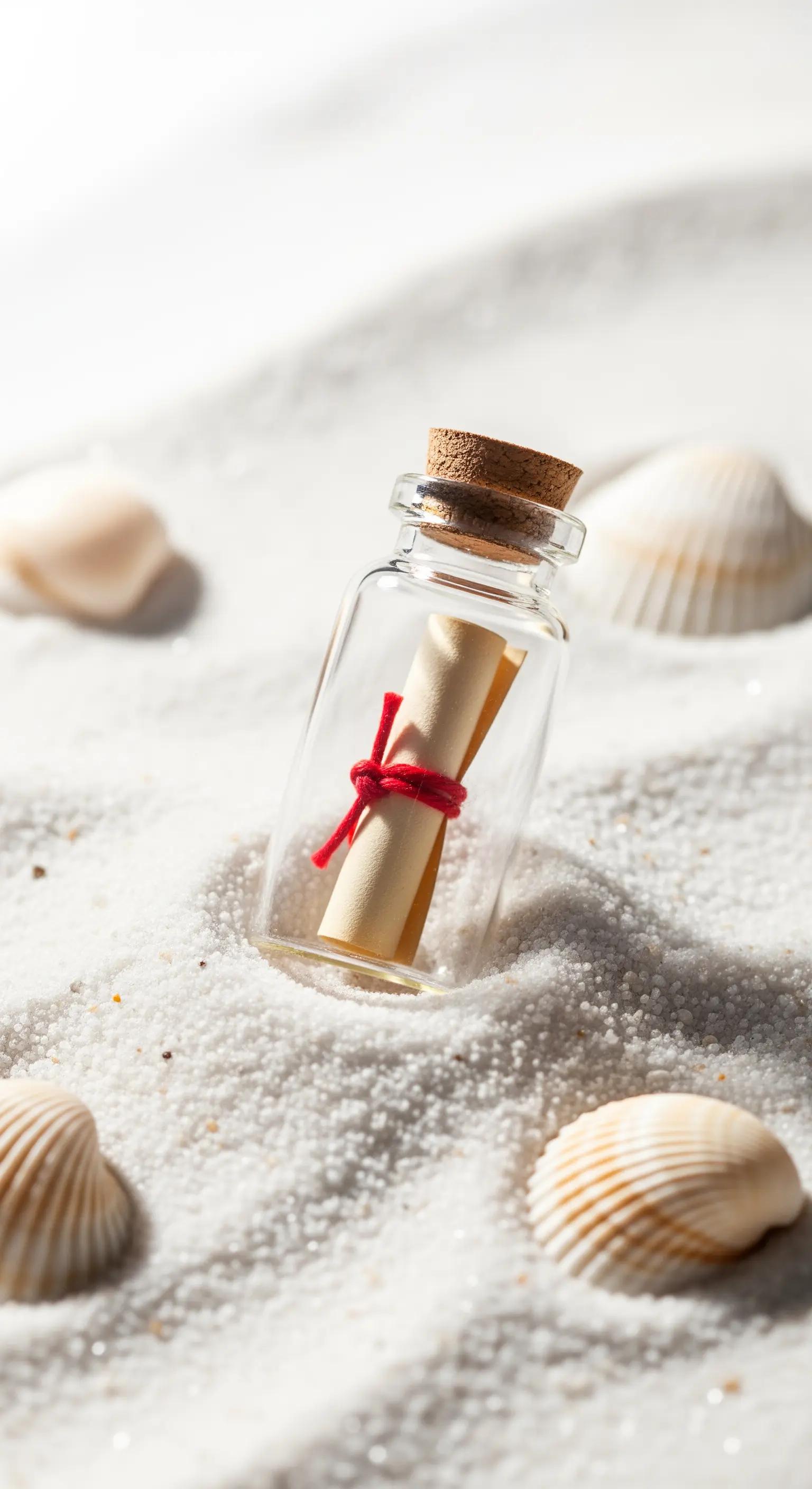 Piccola bottiglia di vetro con un messaggio arrotolato all'interno, adagiata sulla sabbia bianca.