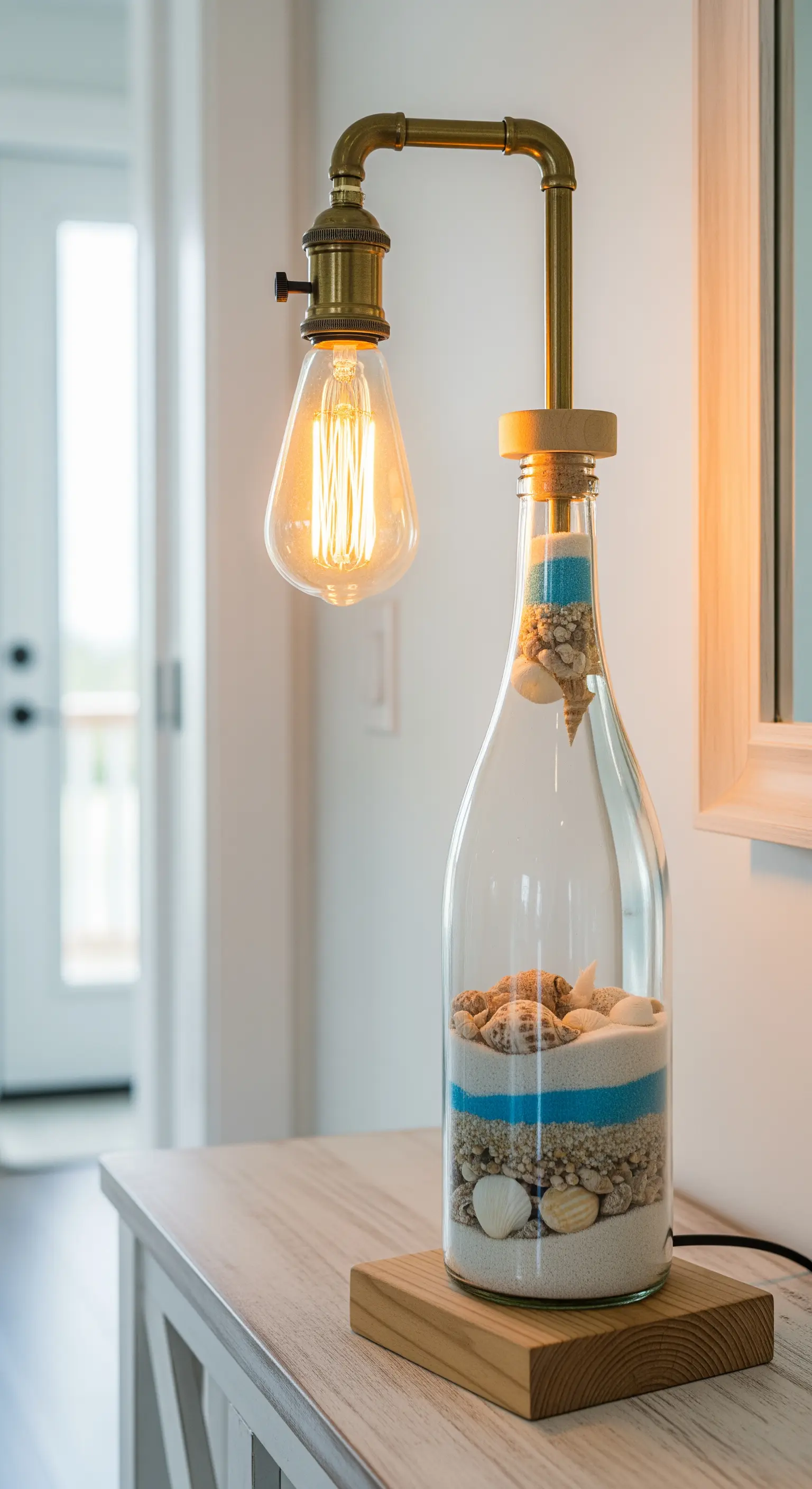 Bottiglia riempita con sabbia e conchiglie, trasformata in una lampada da tavolo a tema mare.