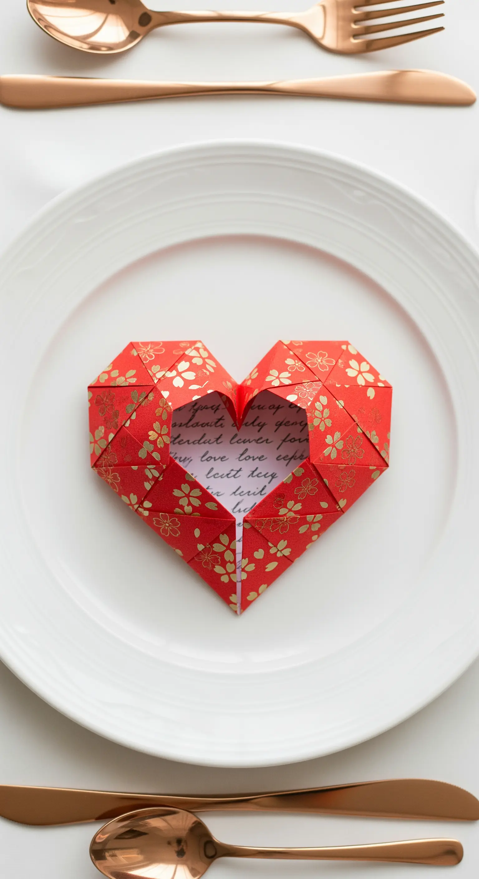 Cuore di origami rosso e oro su un piatto bianco, che nasconde un messaggio scritto a mano.