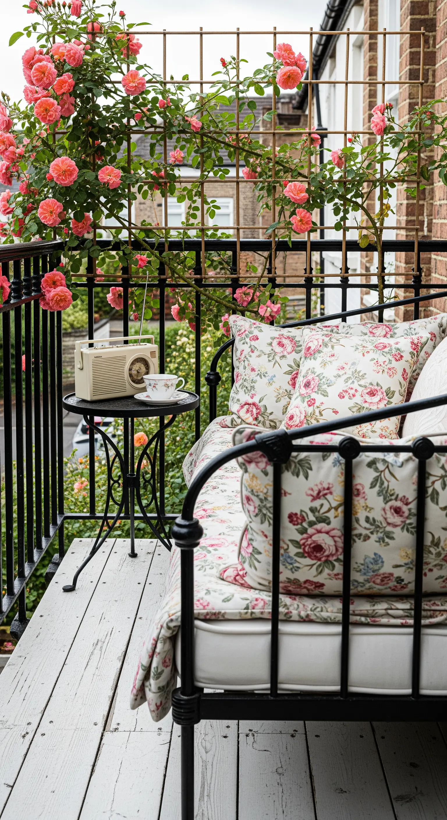 Piccolo balcone con un daybed in ferro battuto, cuscini floreali e rose rampicanti.