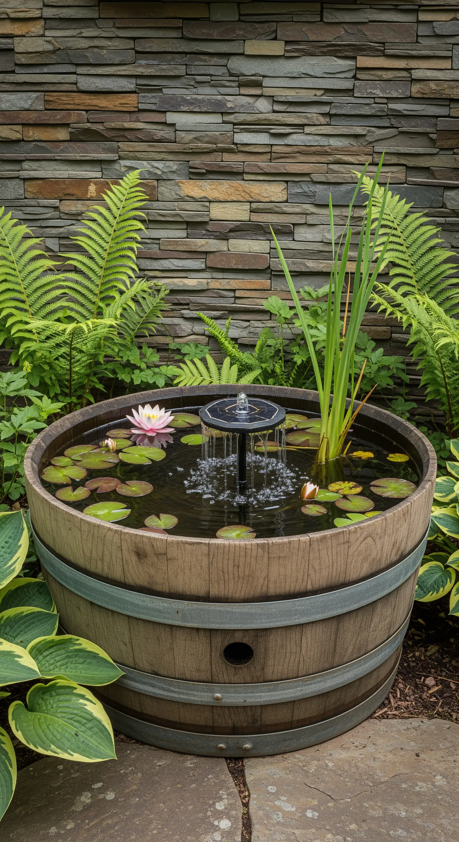 Botte riempita d'acqua con ninfee rosa e una piccola fontana solare, circondata da felci.