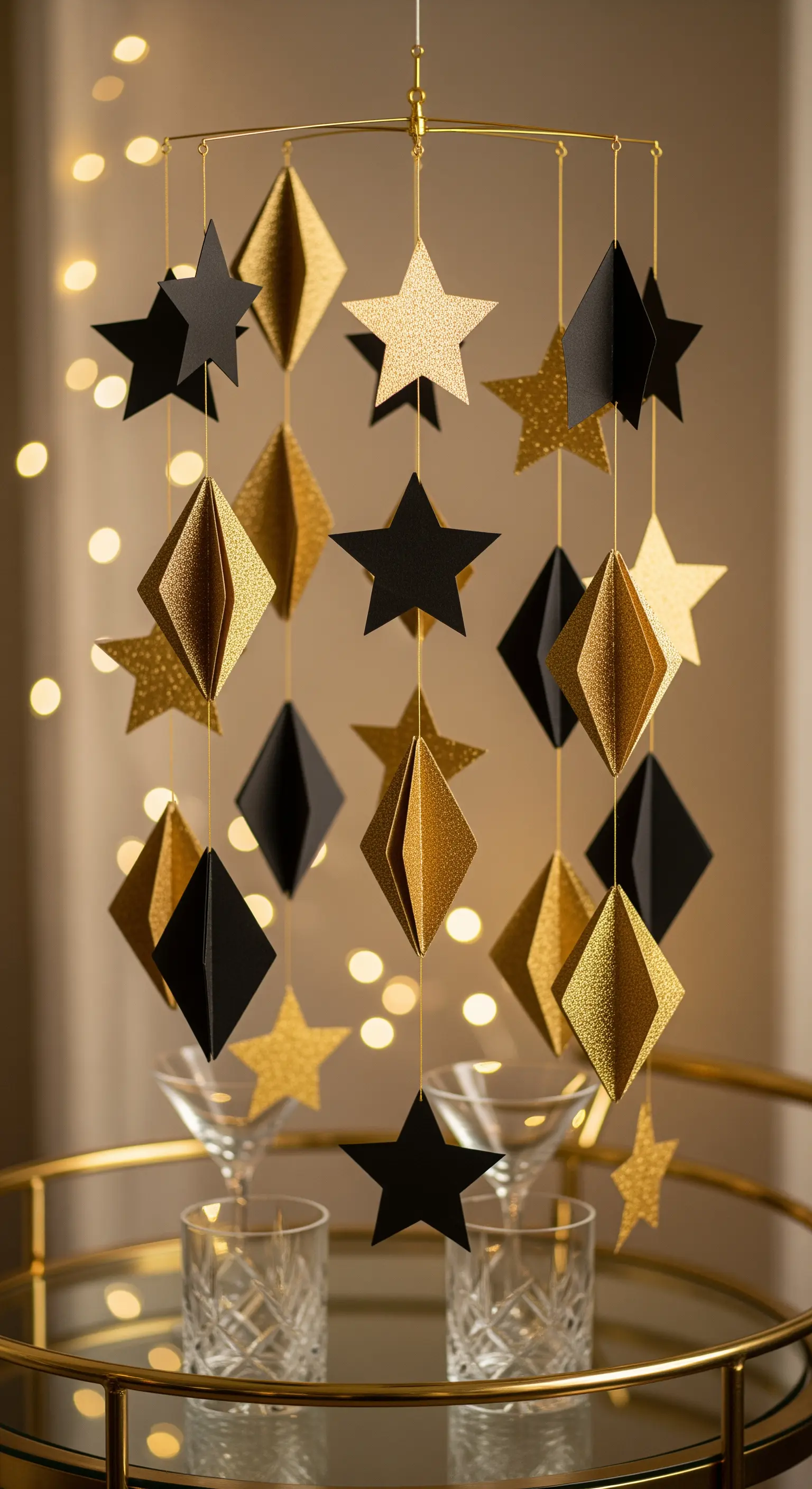 Mobile di carta nero e oro con stelle e rombi appeso sopra un carrello bar