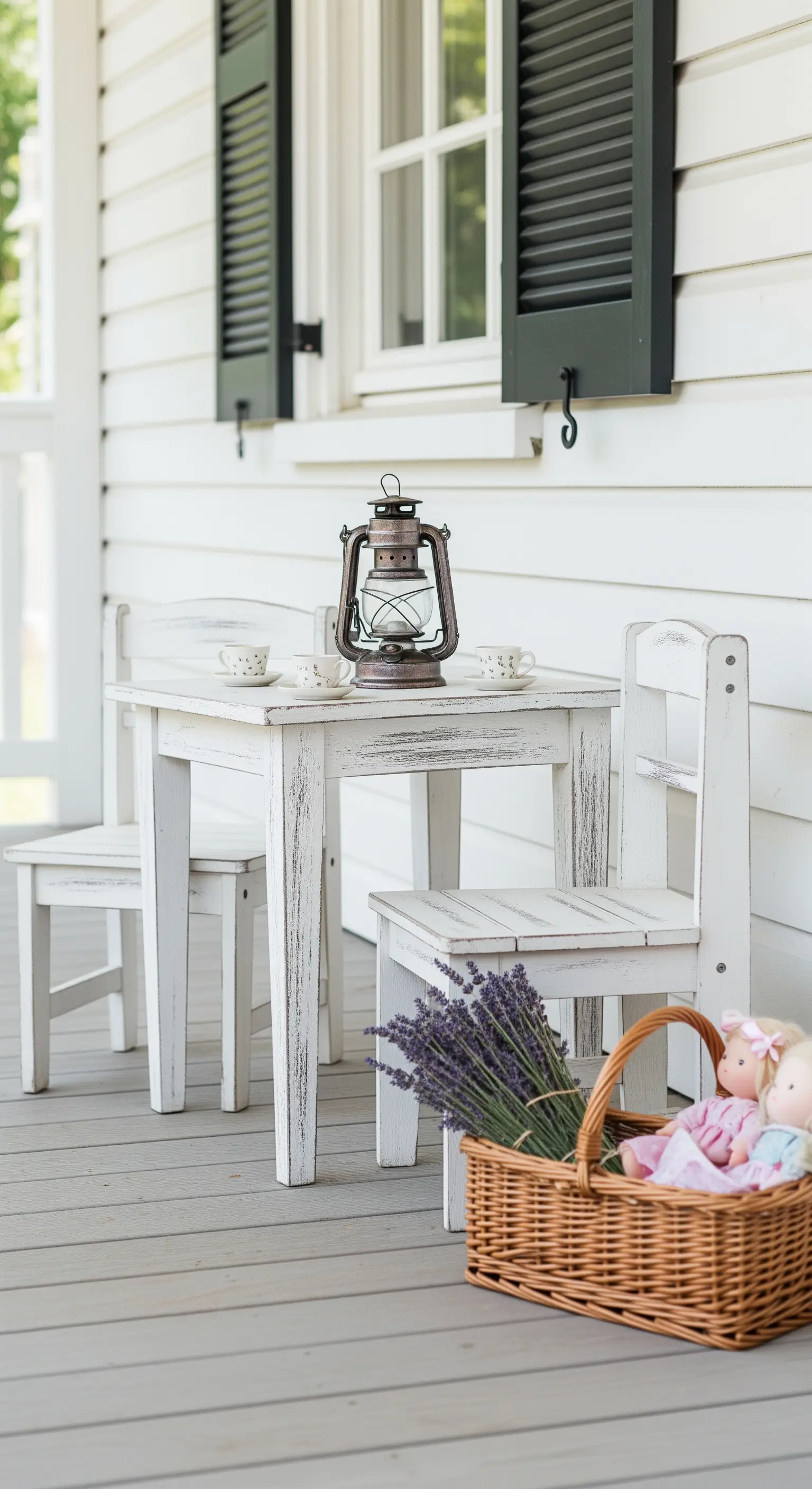 Set di tavolo e sedie bianche decapate in miniatura per bambini, con una lanterna e un cesto.