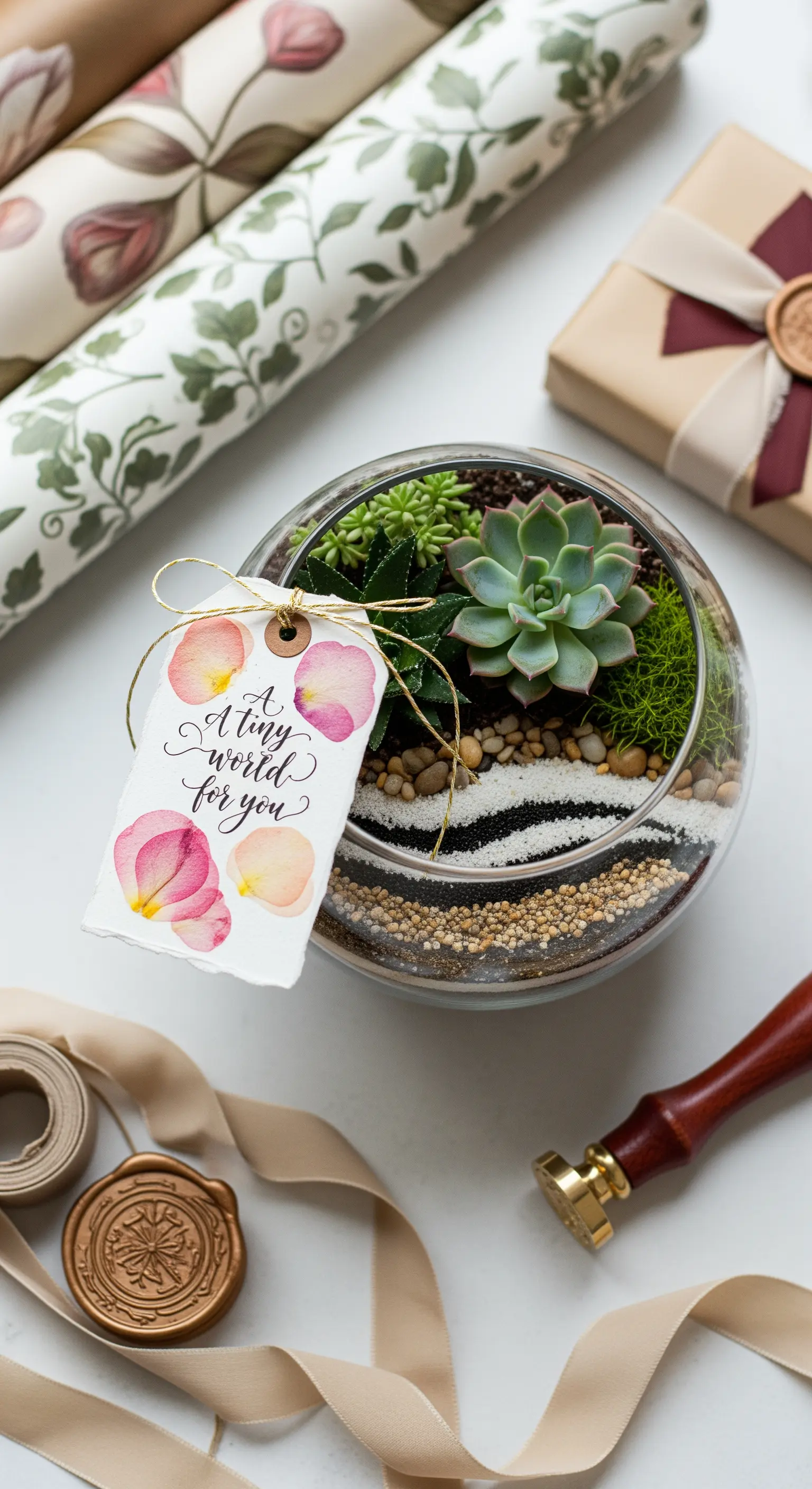 Terrario in vetro con strati di sabbia, sassolini e piante grasse, con etichetta ad acquerello.