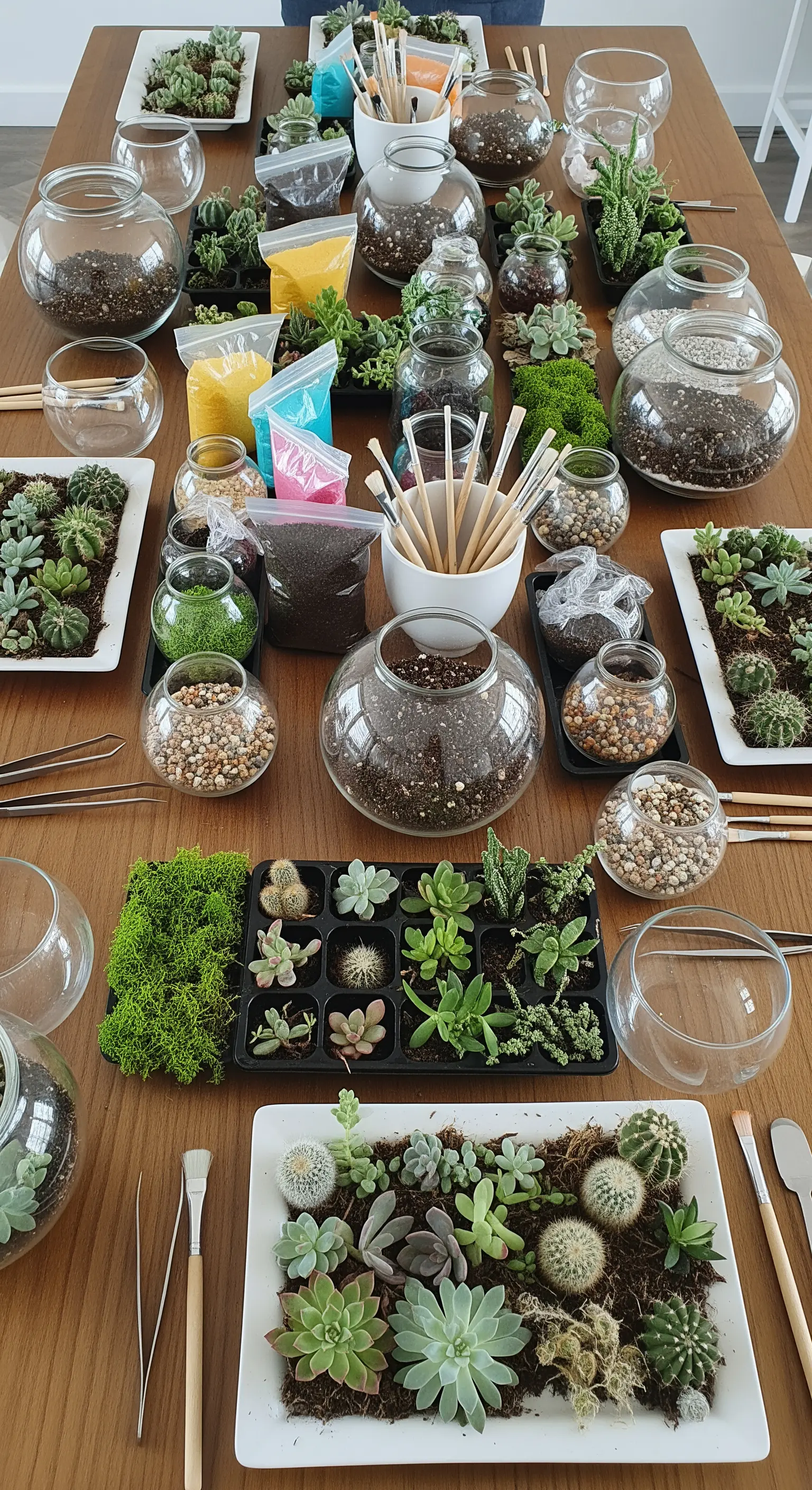 Tavolo allestito per un workshop di terrari con piante grasse, vasi di vetro e attrezzi