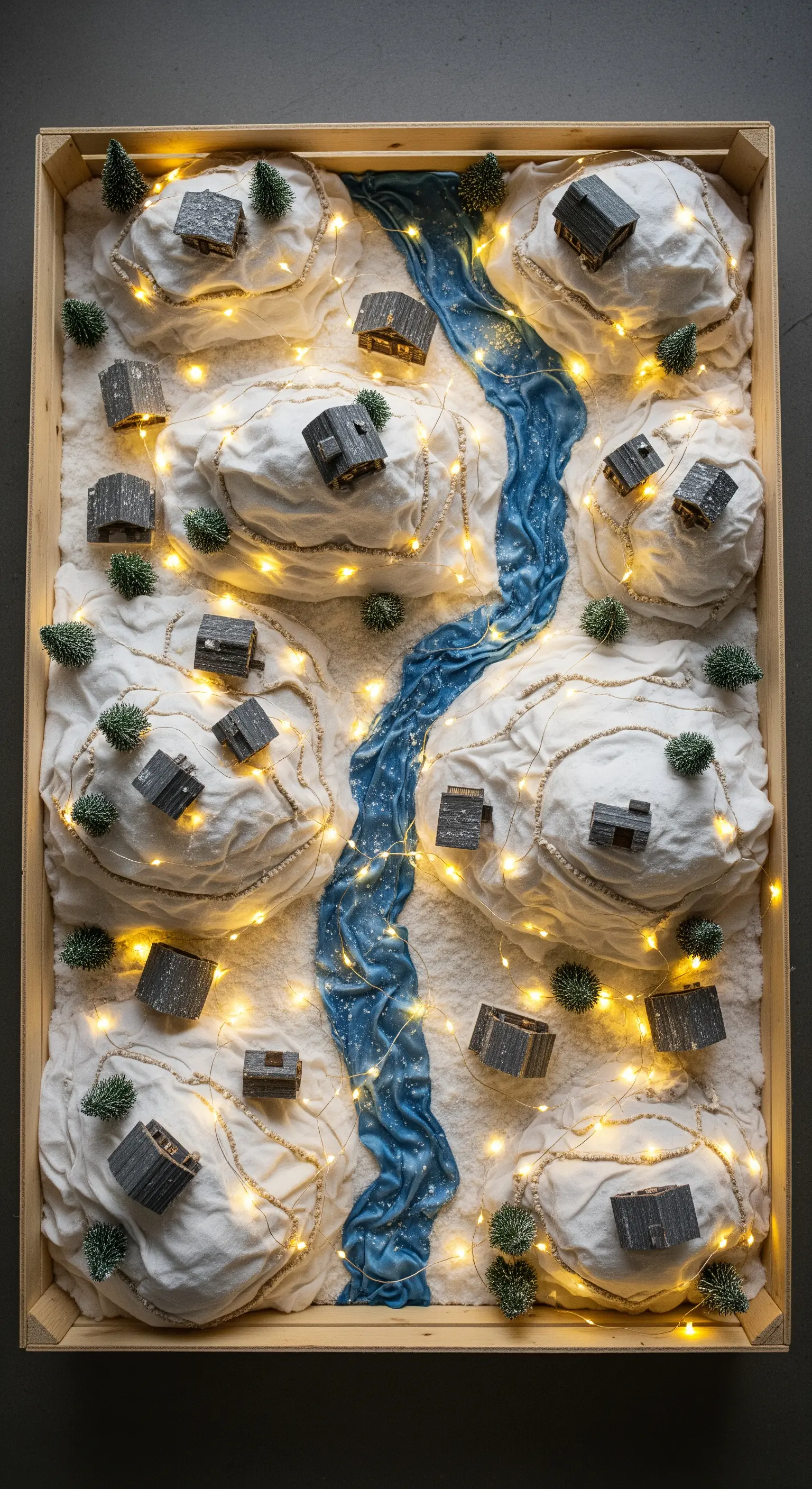 Diorama di un villaggio innevato con un fiume blu, costruito all'interno di una cassa di legno.