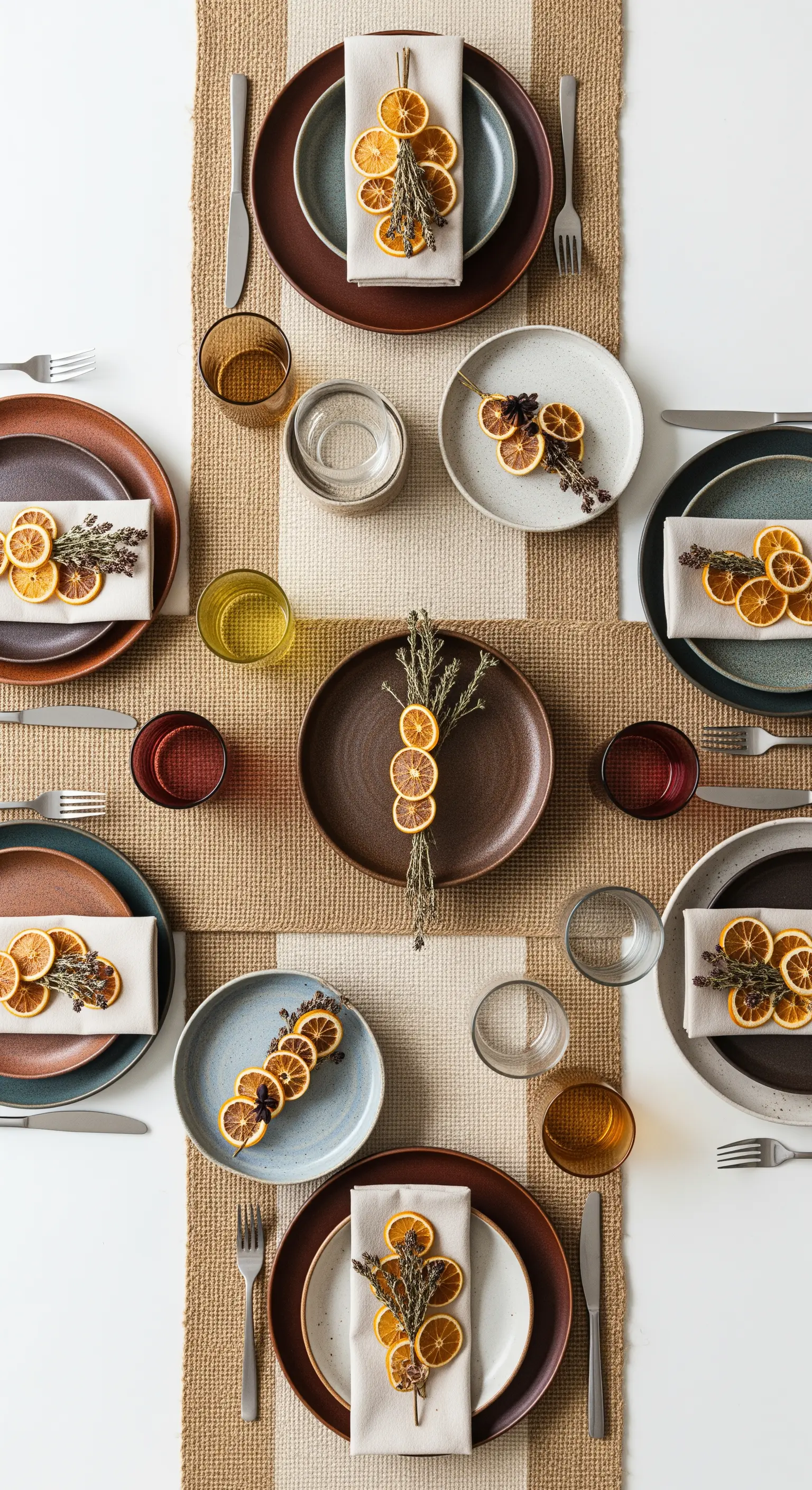 Vista dall'alto di una tavola con piatti in ceramica di diversi colori e decorazioni individuali