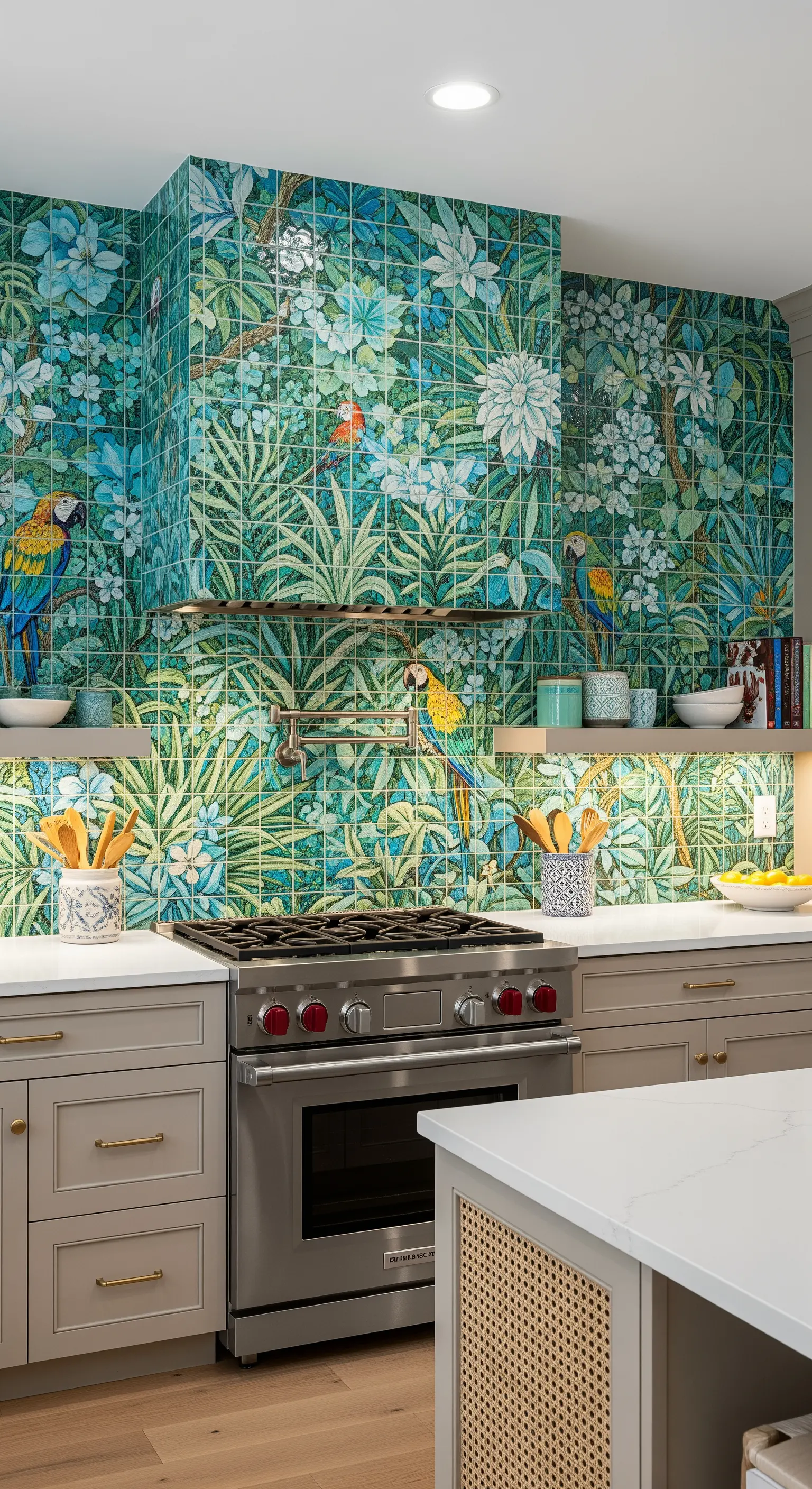 Paraschizzi scenografico realizzato con piastrelle dipinte a mano a tema giungla.