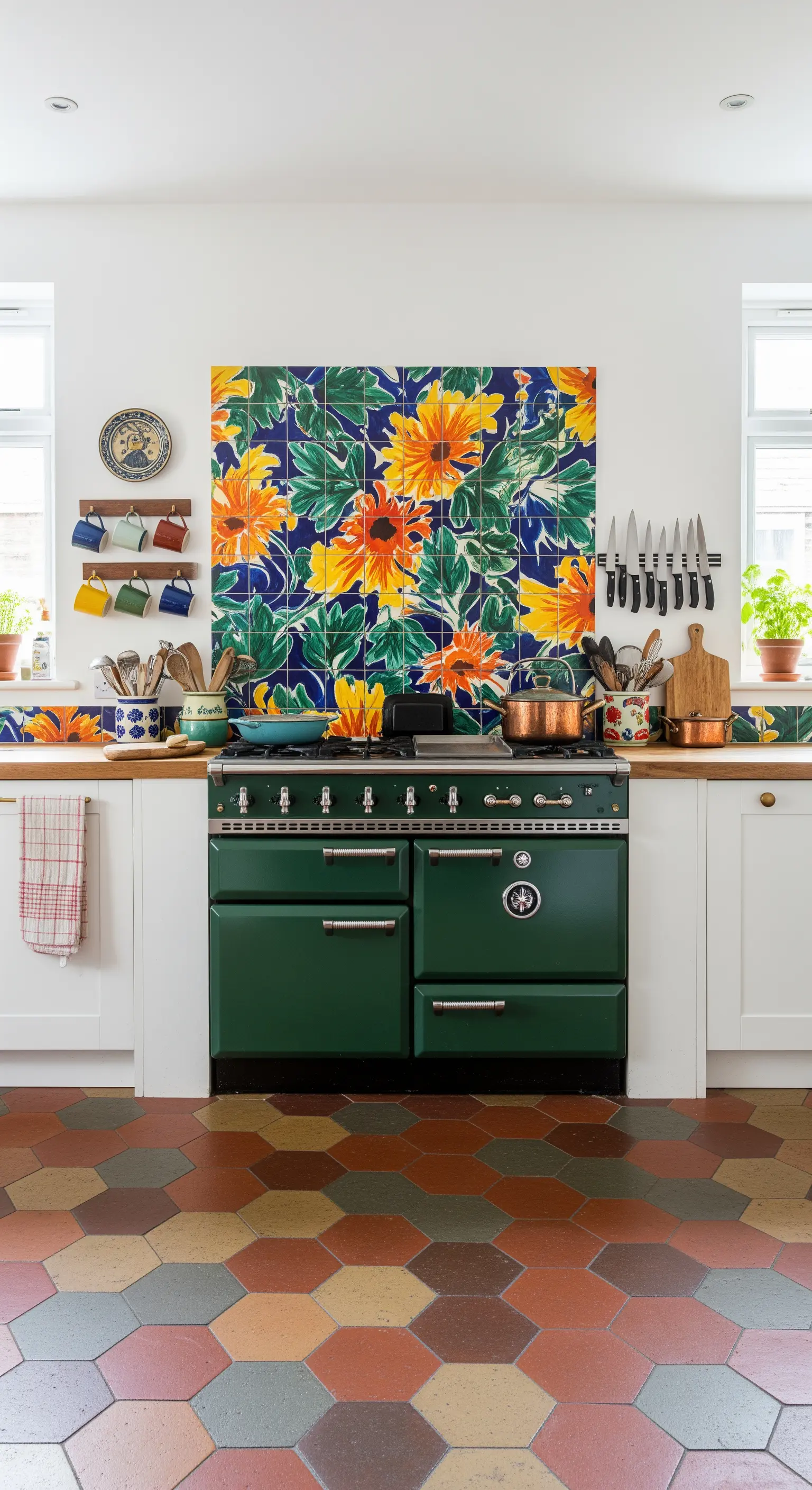 Cucina con grande pannello in maiolica raffigurante girasoli sopra una cucina verde scuro.