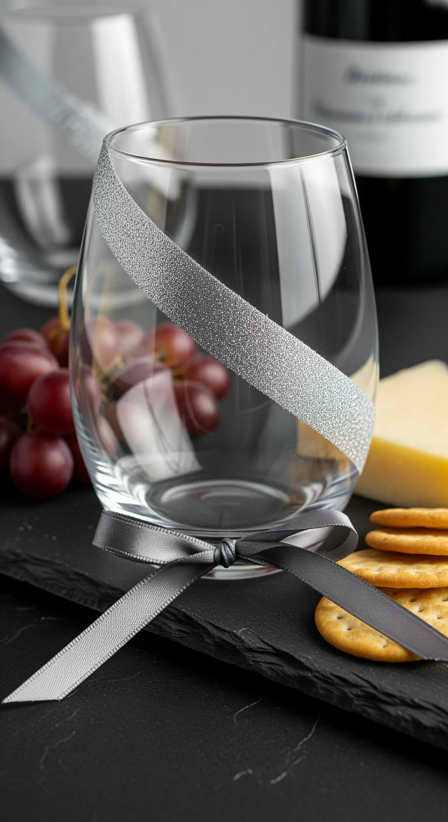 Bicchiere senza stelo con una singola striscia diagonale di glitter argento.