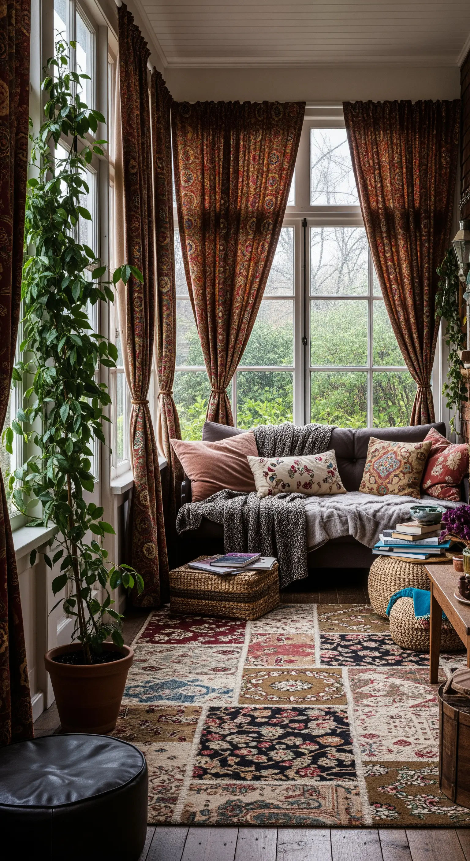 Veranda trasformata in angolo lettura con divano, cuscini, tende paisley e tappeto patchwork.