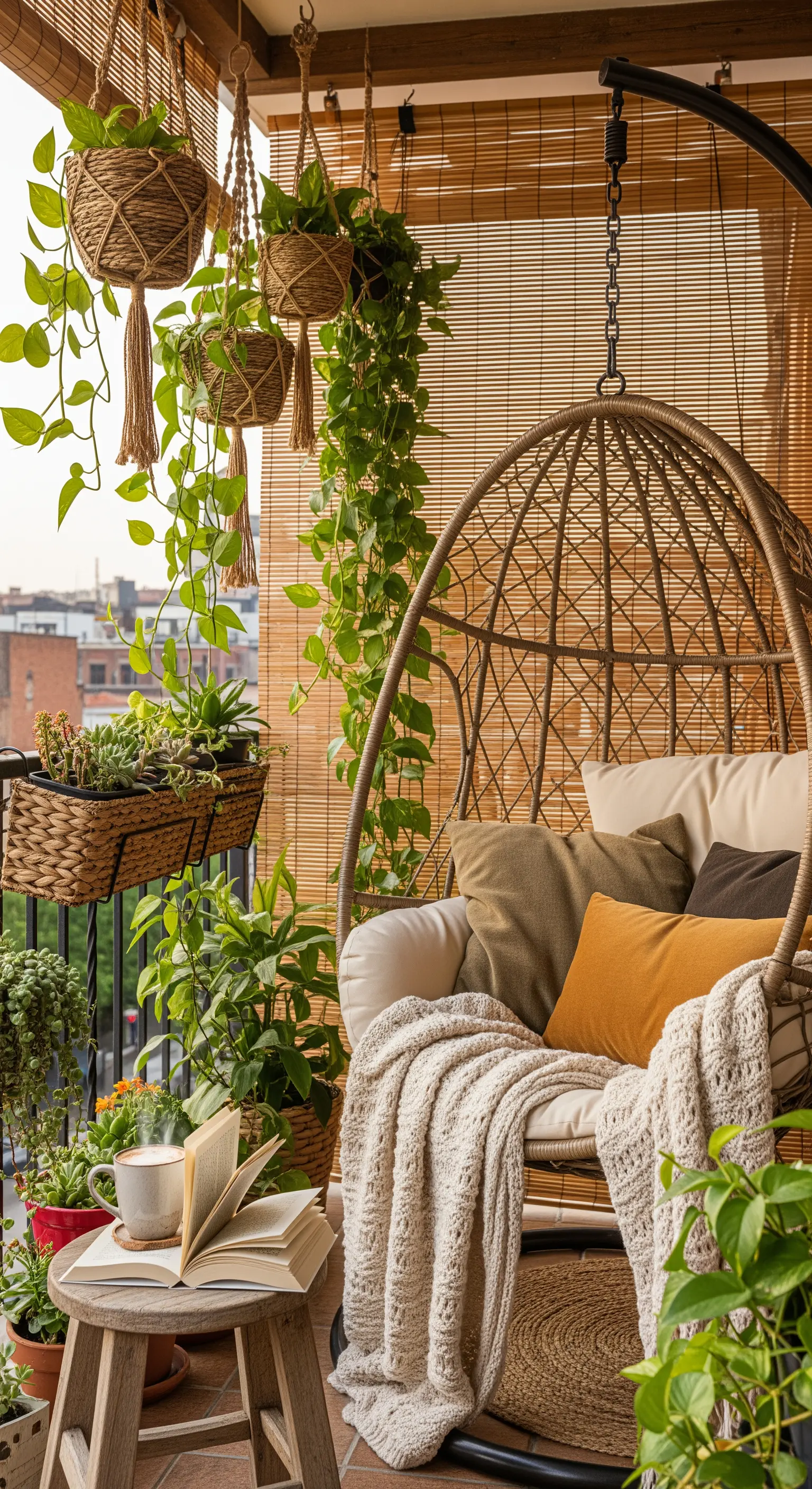 Poltrona a uovo in rattan circondata da piante sospese e cuscini morbidi.