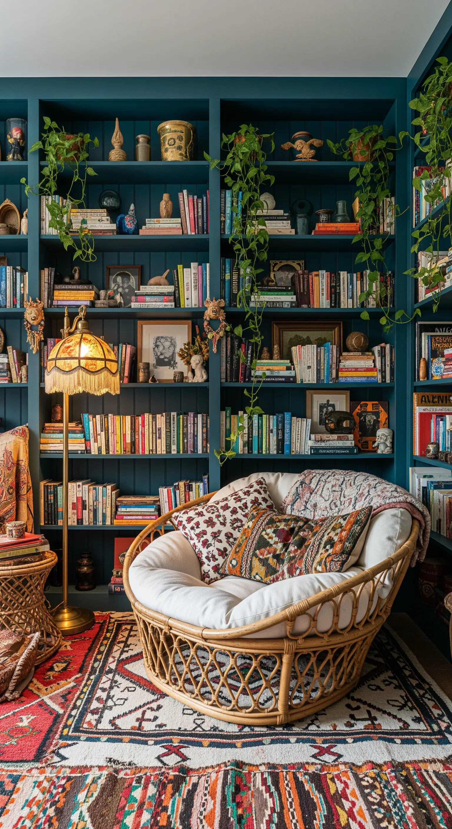 Libreria blu petrolio piena di libri e piante con una poltrona papasan in rattan.