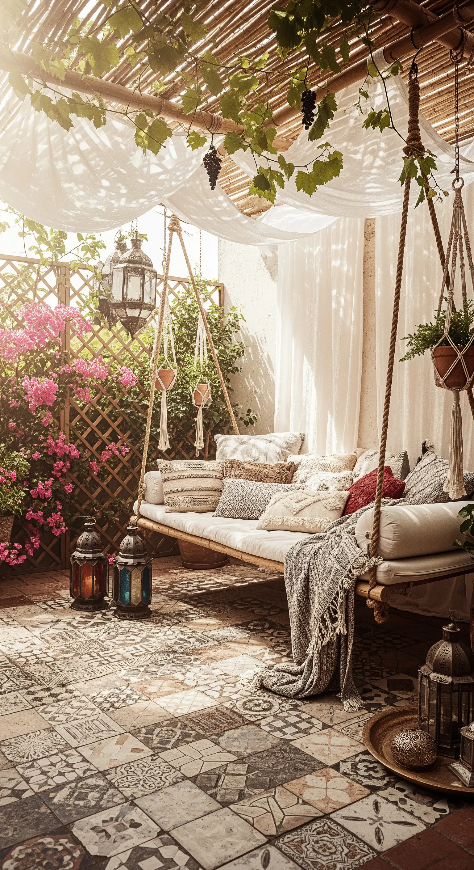 Patio bohémien con dondolo sospeso, cuscini, lanterne e tende leggere.