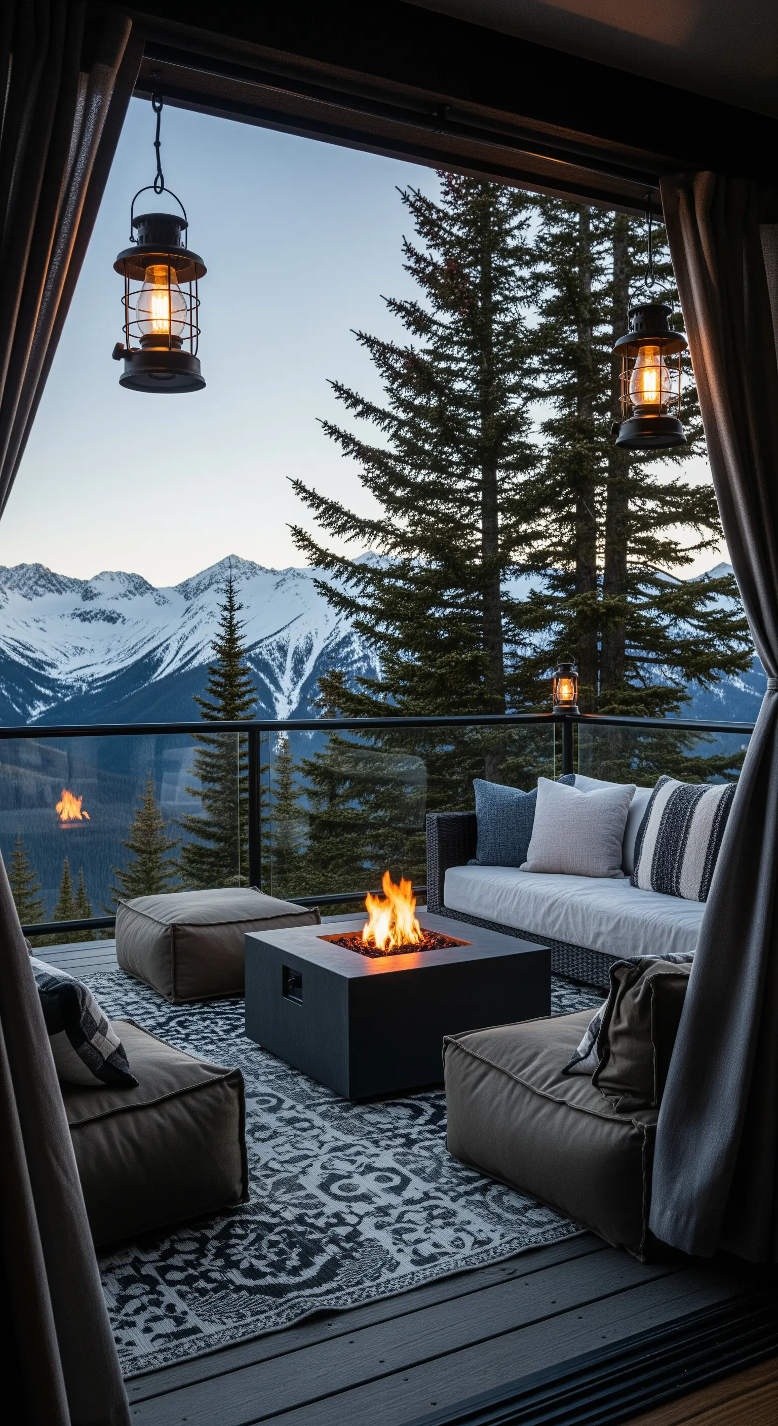 Balcone montano con vista, braciere, divani comodi e lanterne da campeggio sospese