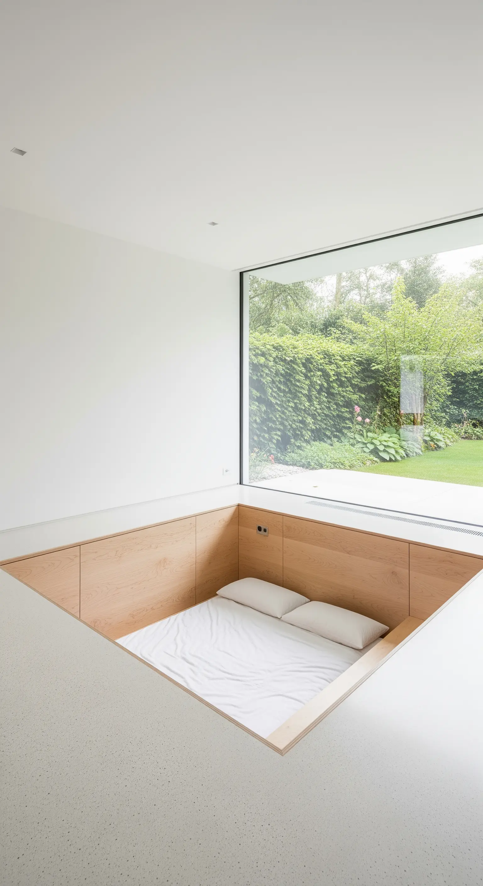 Letto incassato in una nicchia di legno chiaro affacciata su un giardino.