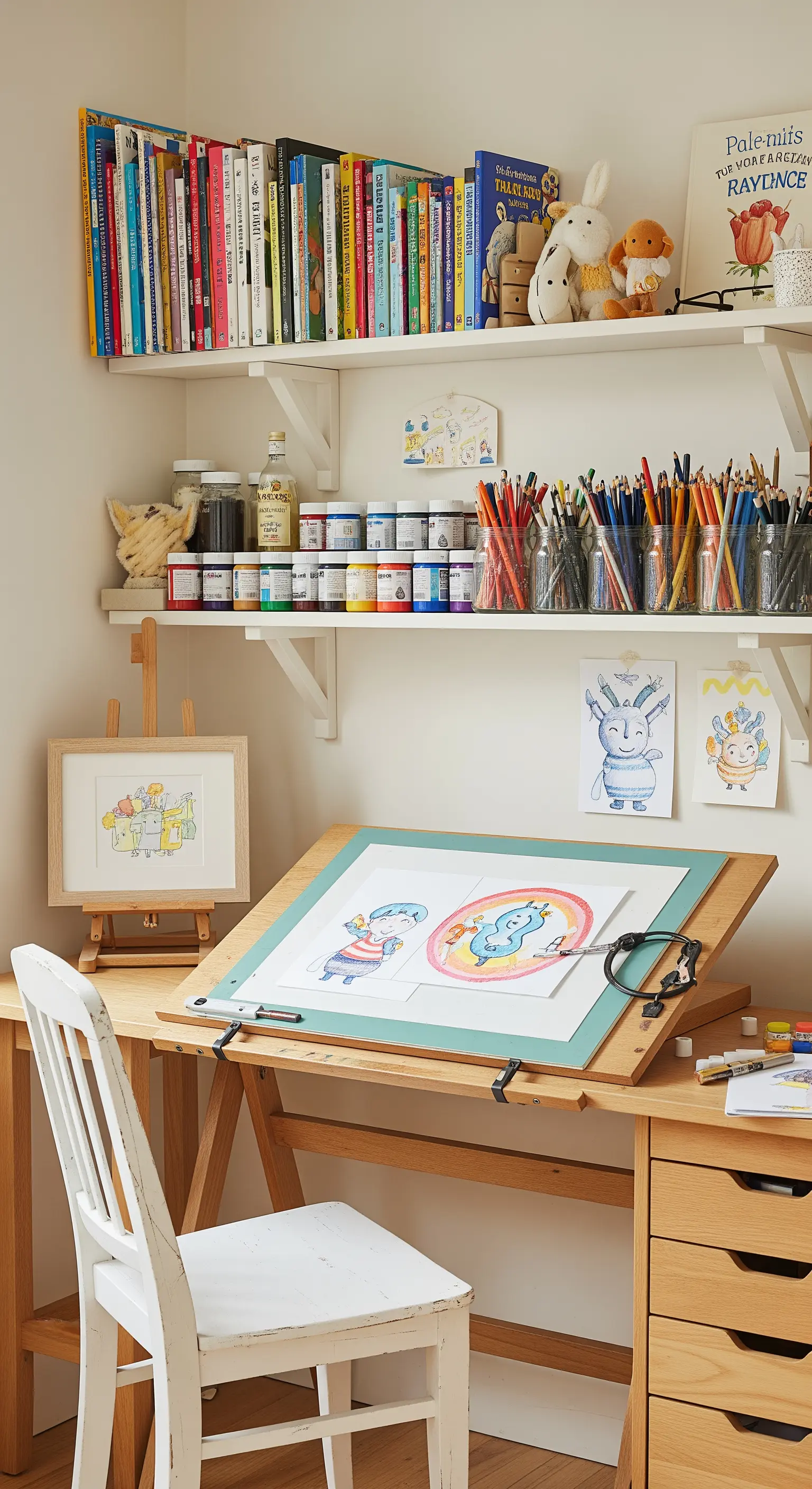Angolo per l'illustrazione con scrivania in legno, sedia bianca e mensole con libri e colori.