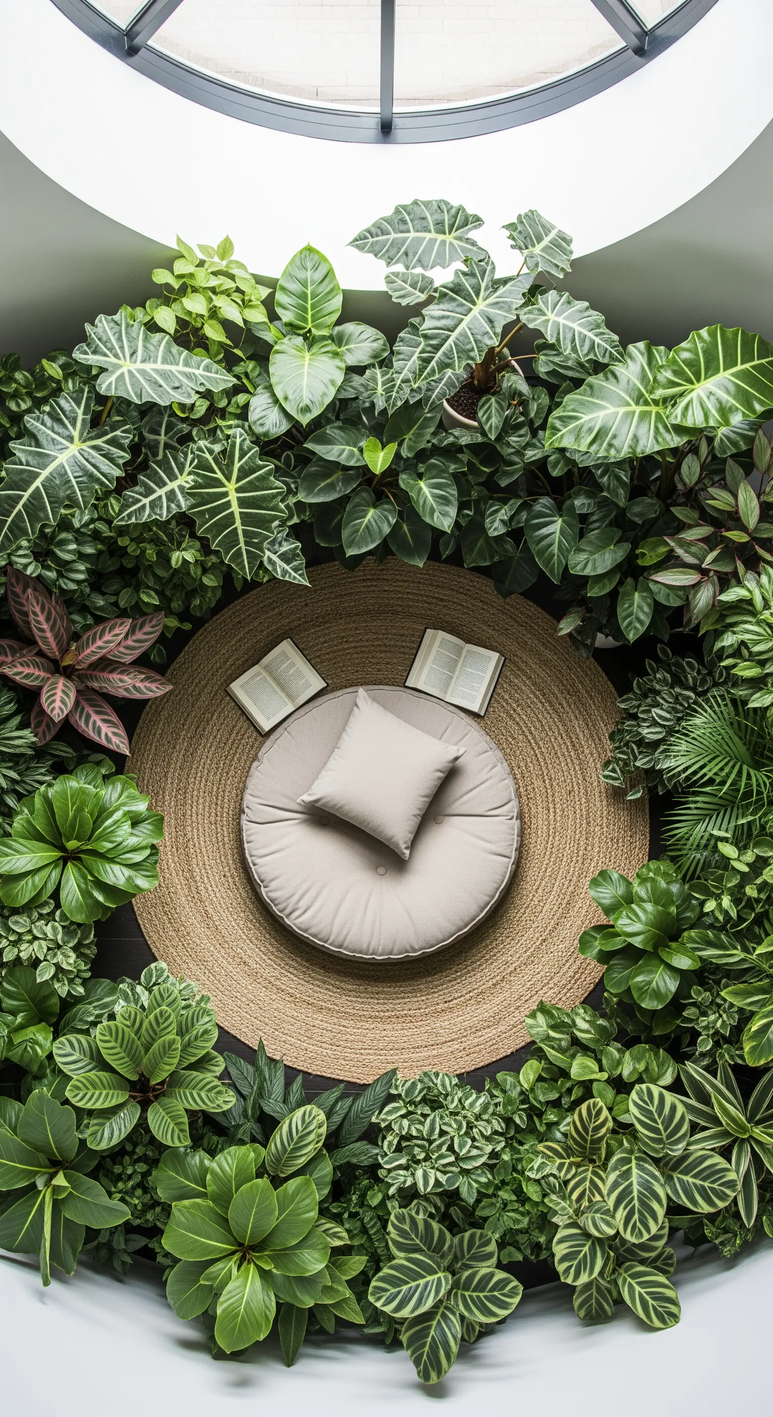 Vista dall'alto di un cuscino rotondo su un tappeto, completamente circondato da piante verdi.