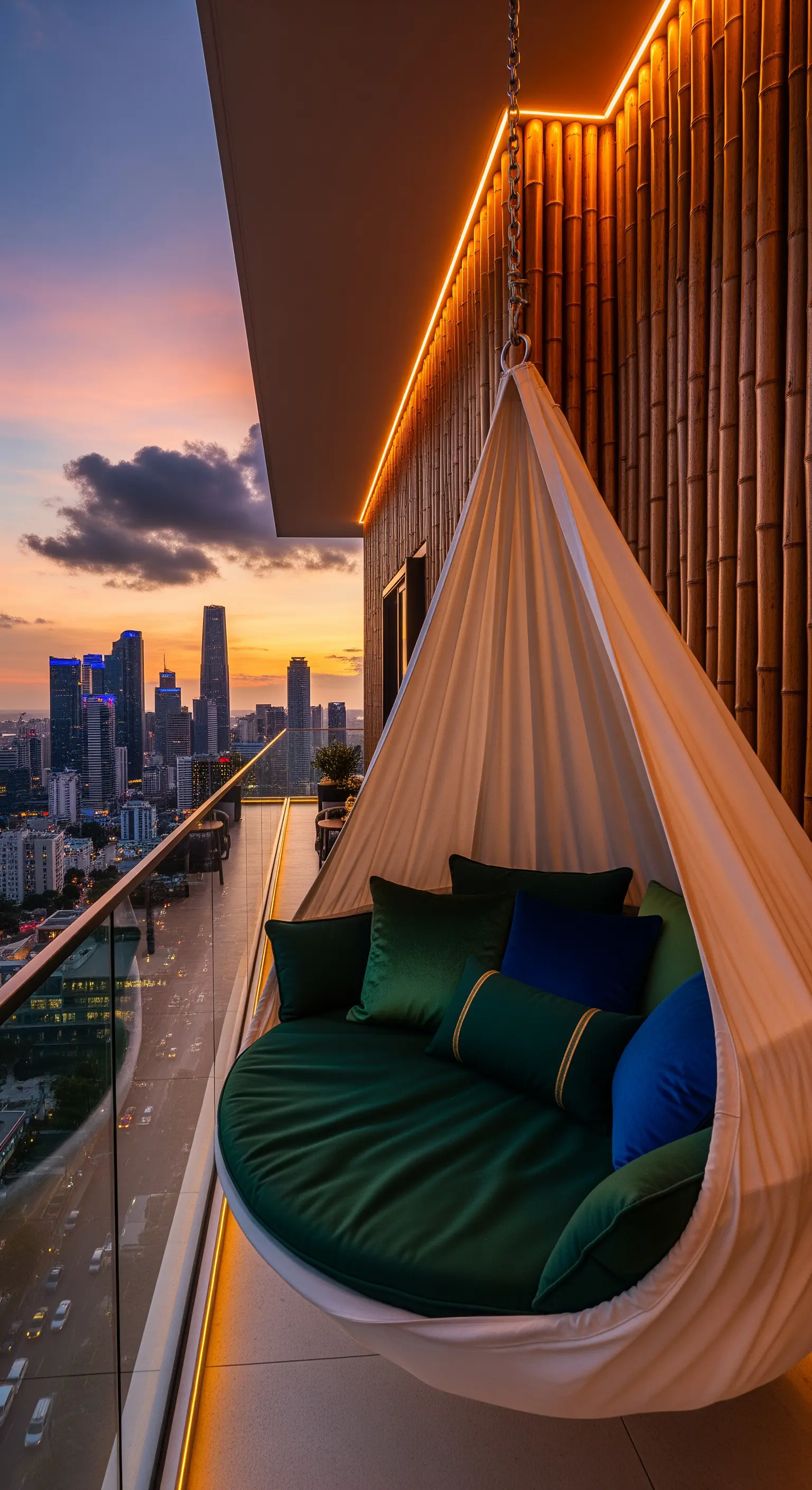 Grande seduta sospesa a tenda con cuscini in velluto su un balcone di lusso.