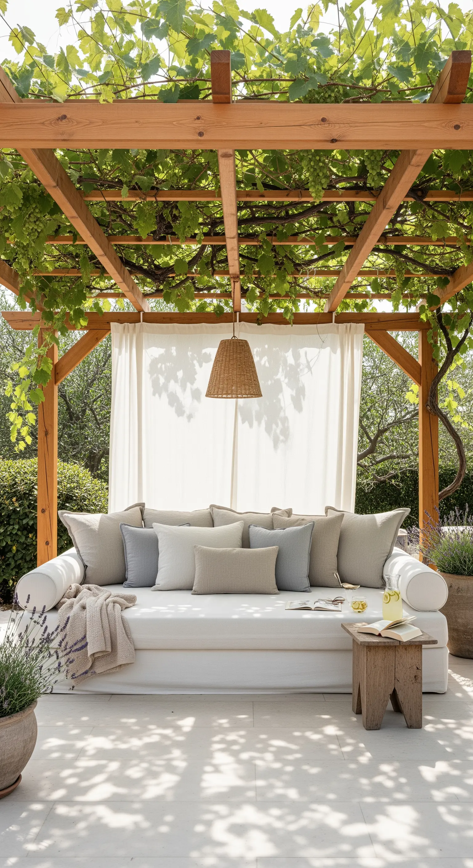Daybed bianco con cuscini neutri sotto un pergolato in legno, con tenda e lampada in rattan