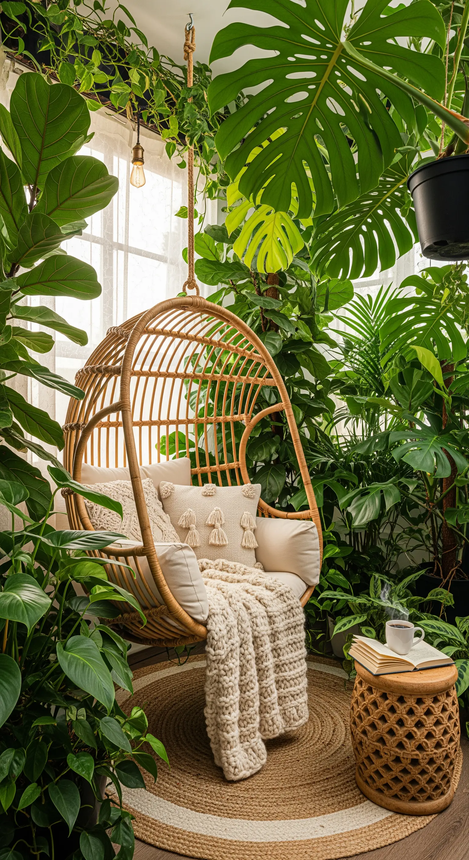 Poltrona sospesa in rattan circondata da piante lussureggianti come monstera e ficus.