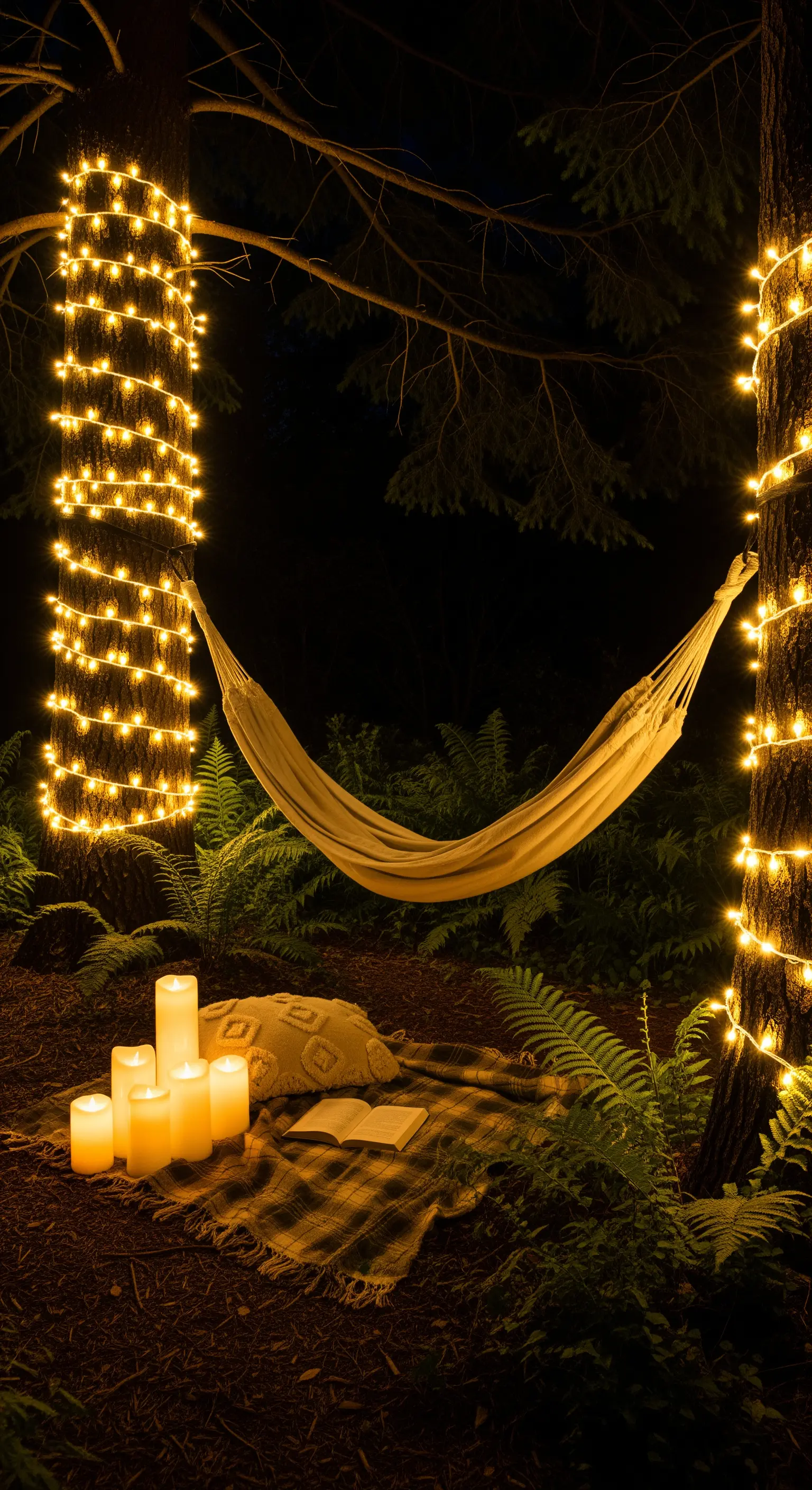 Amaca tra due alberi avvolti di lucine, con a terra una coperta e un gruppo di candele a LED.