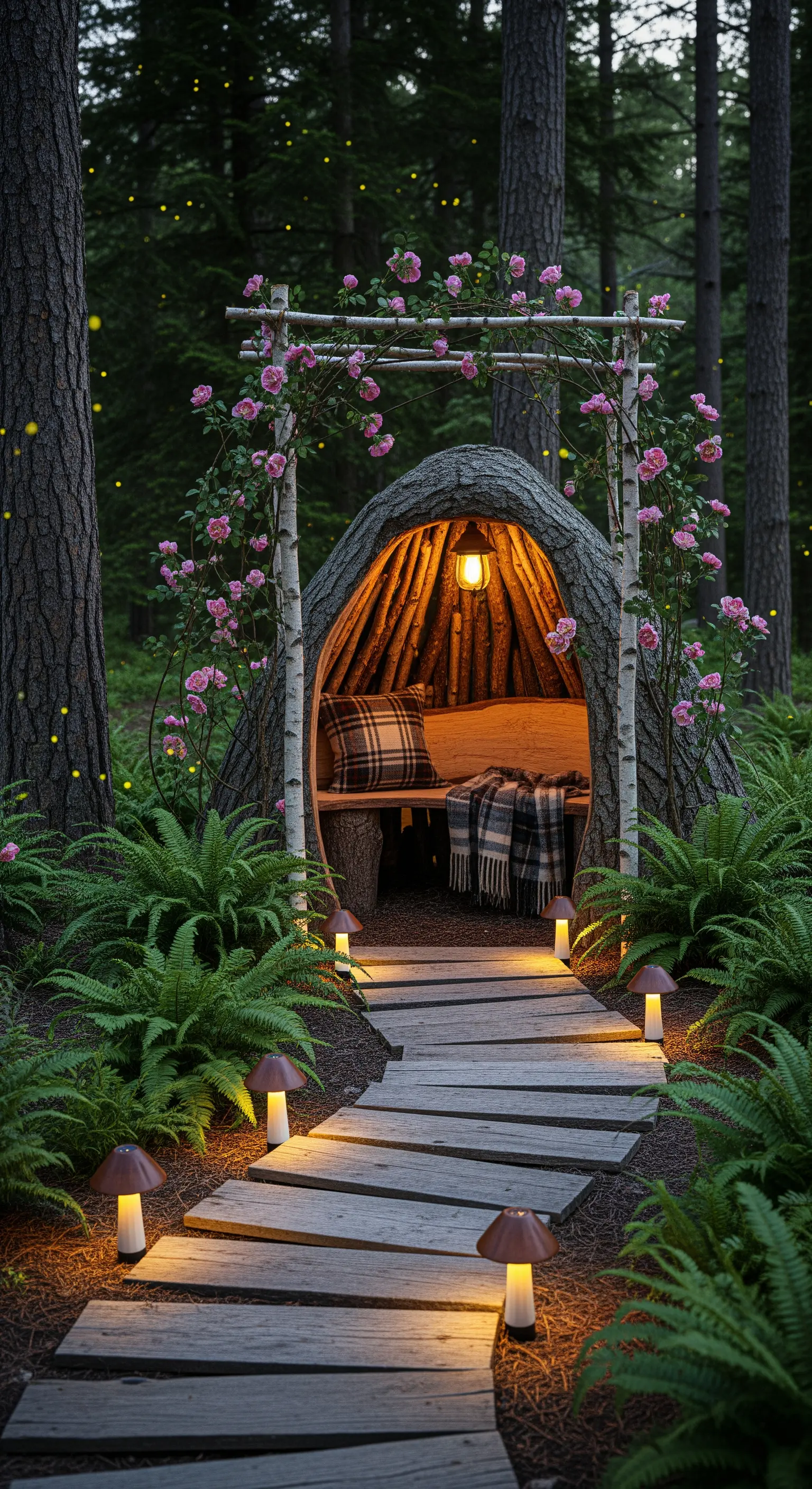 Rifugio rustico nel bosco con una panchina, illuminato e incorniciato da un arco di rose.