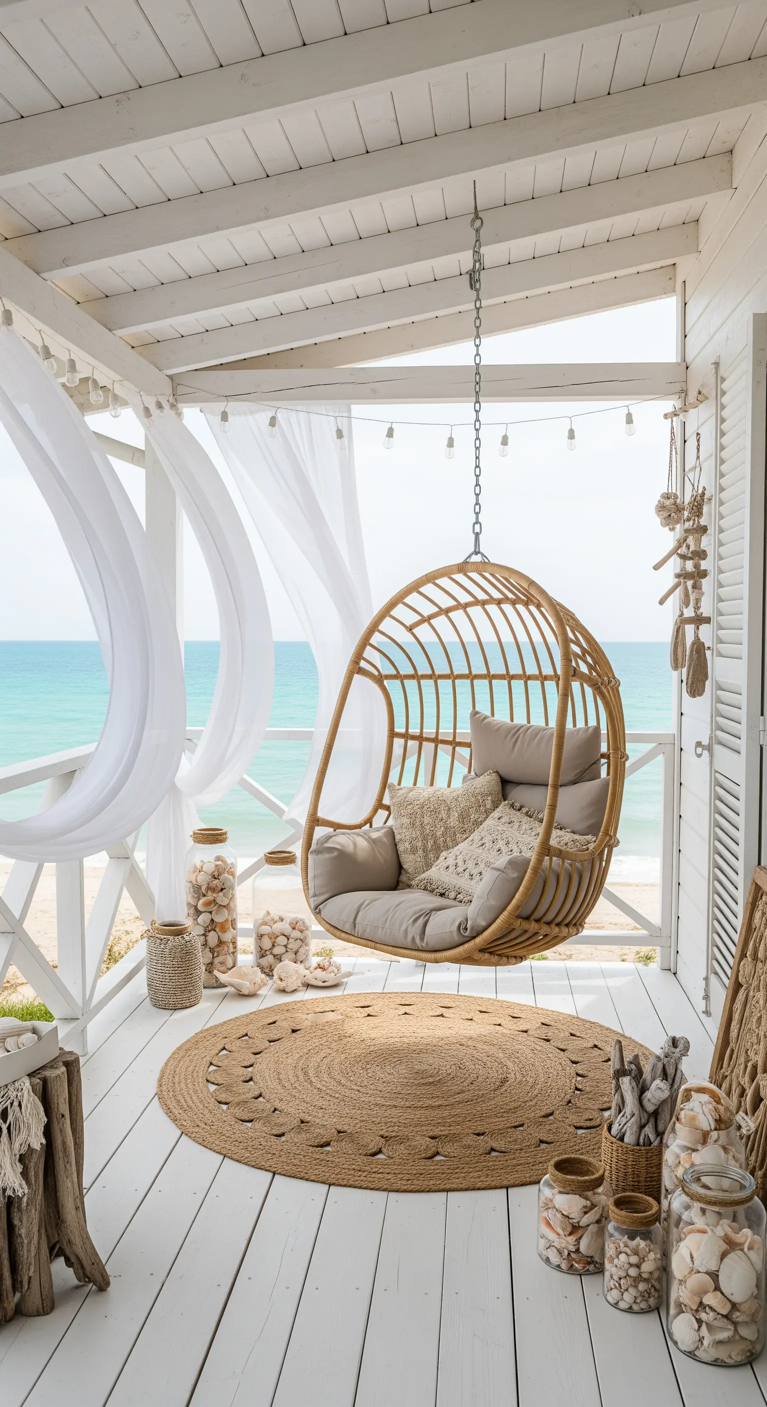 Veranda fronte mare con poltrona sospesa in rattan, tappeto in juta e tende bianche.