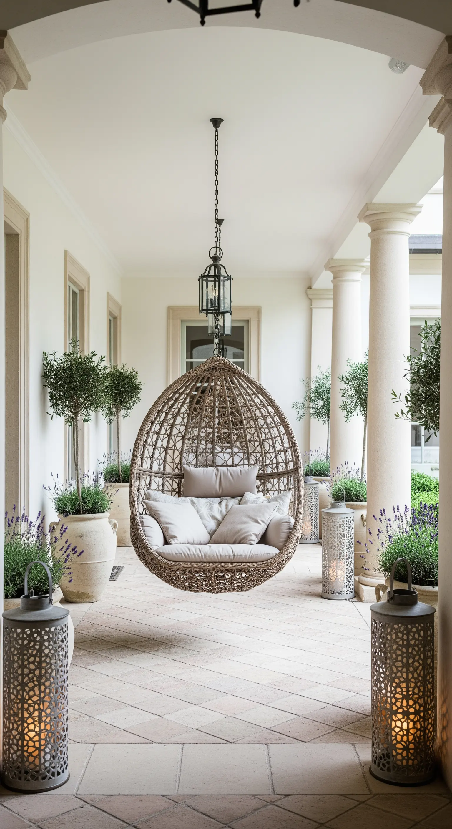 Elegante portico con una sedia sospesa in vimini, ulivi in vaso e lanterne decorative.