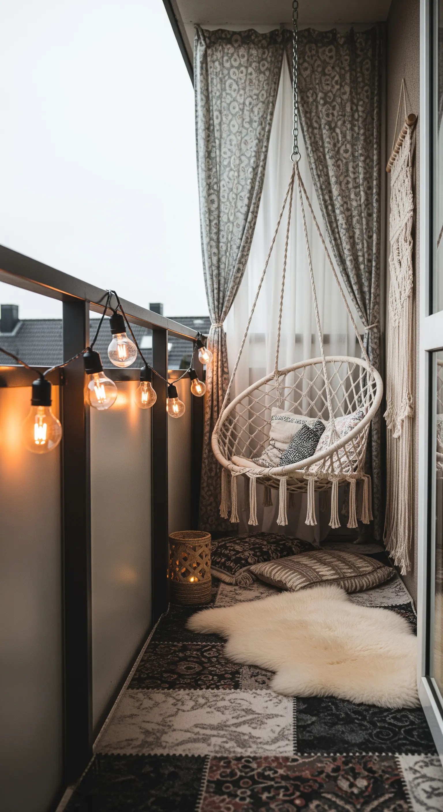 Balcone stretto con sedia sospesa in macramè, tappeto patchwork e lucine calde.