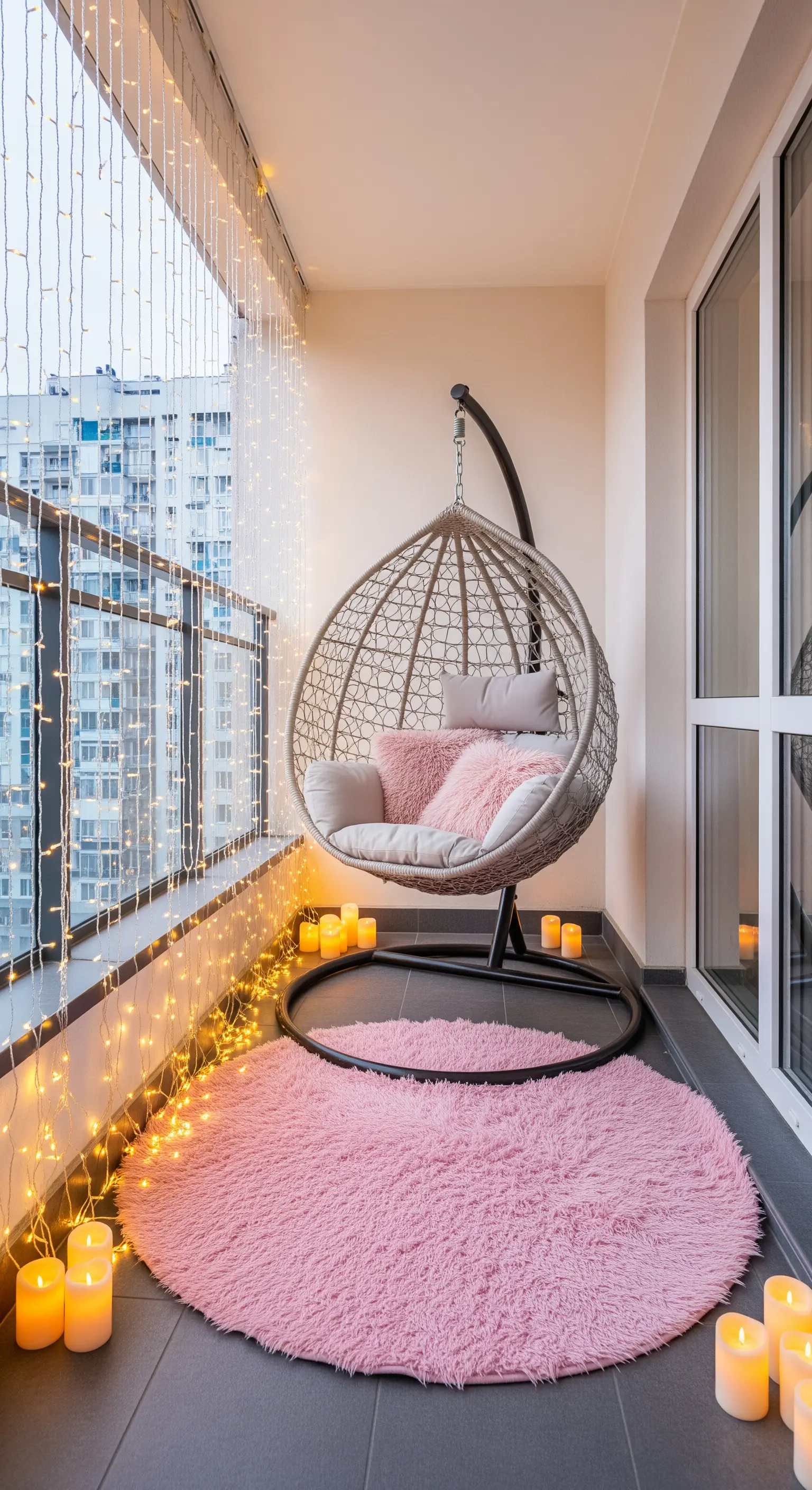 Balcone con sedia a dondolo sospesa, tappeto rosa e una parete di lucine.