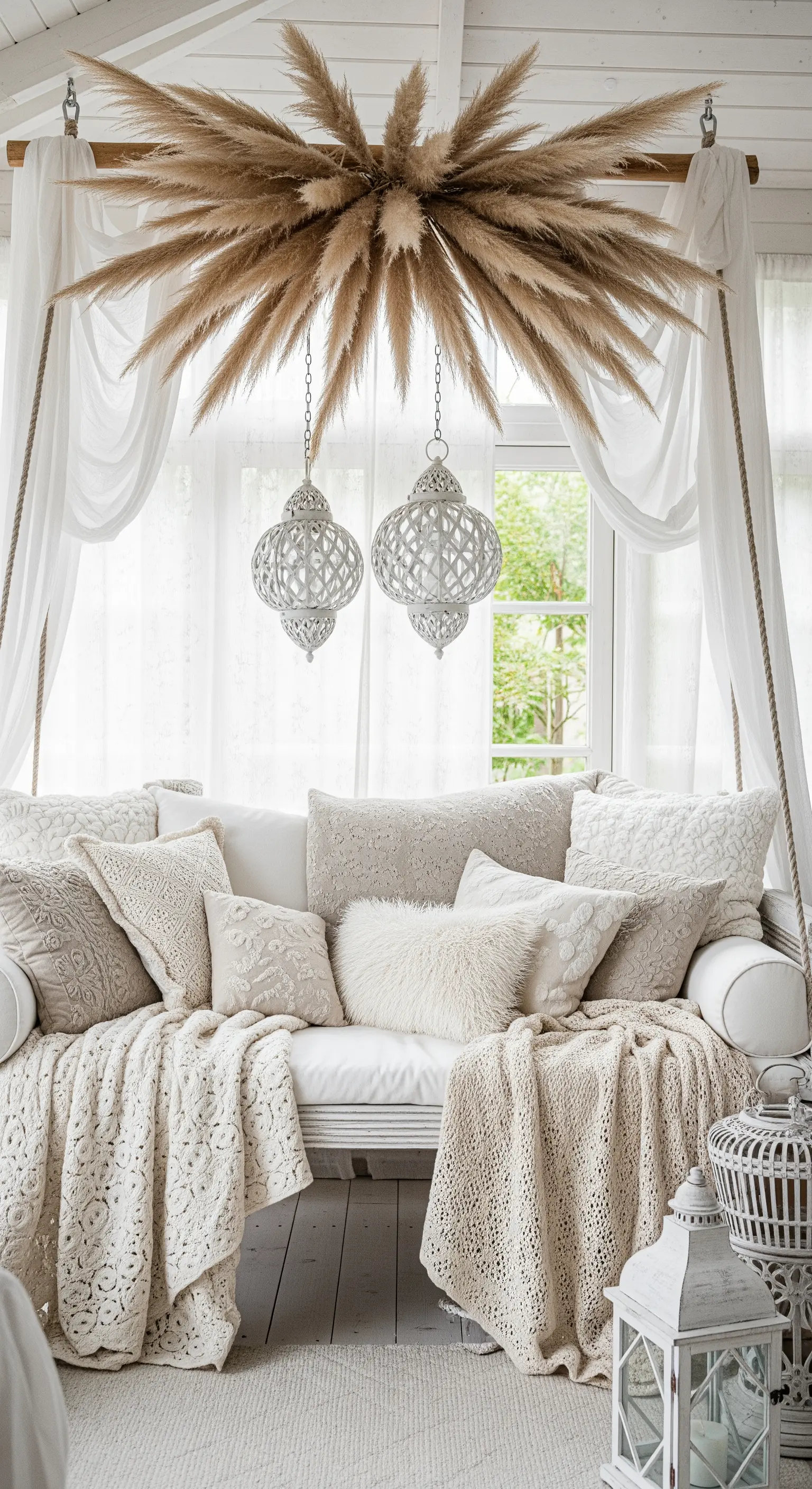 Divano sospeso bianco sotto un lampadario di pampas, con cuscini e lanterne marocchine.