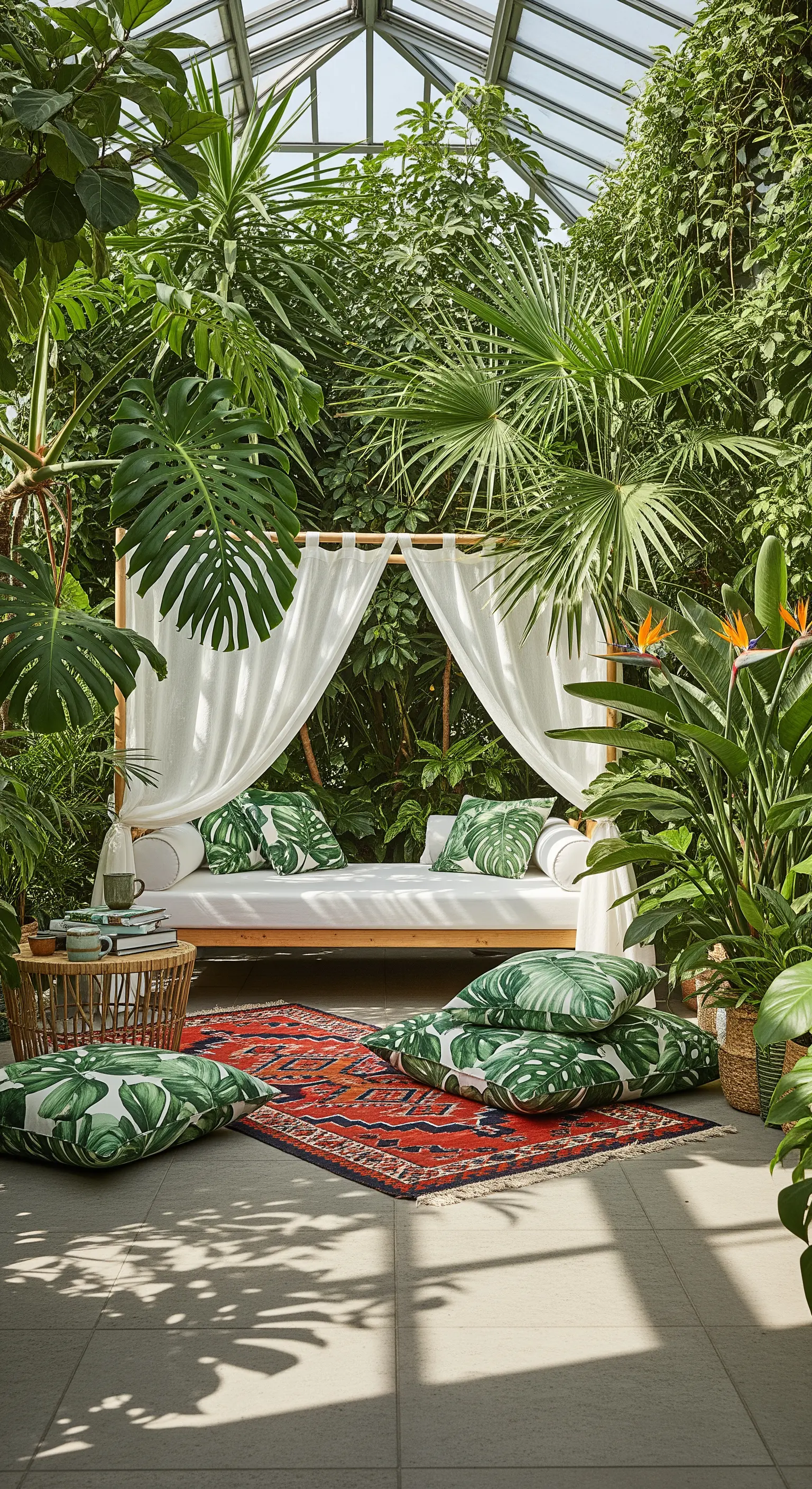 Letto da giorno in una serra tropicale con cuscini a tema foglia e tappeto rosso.